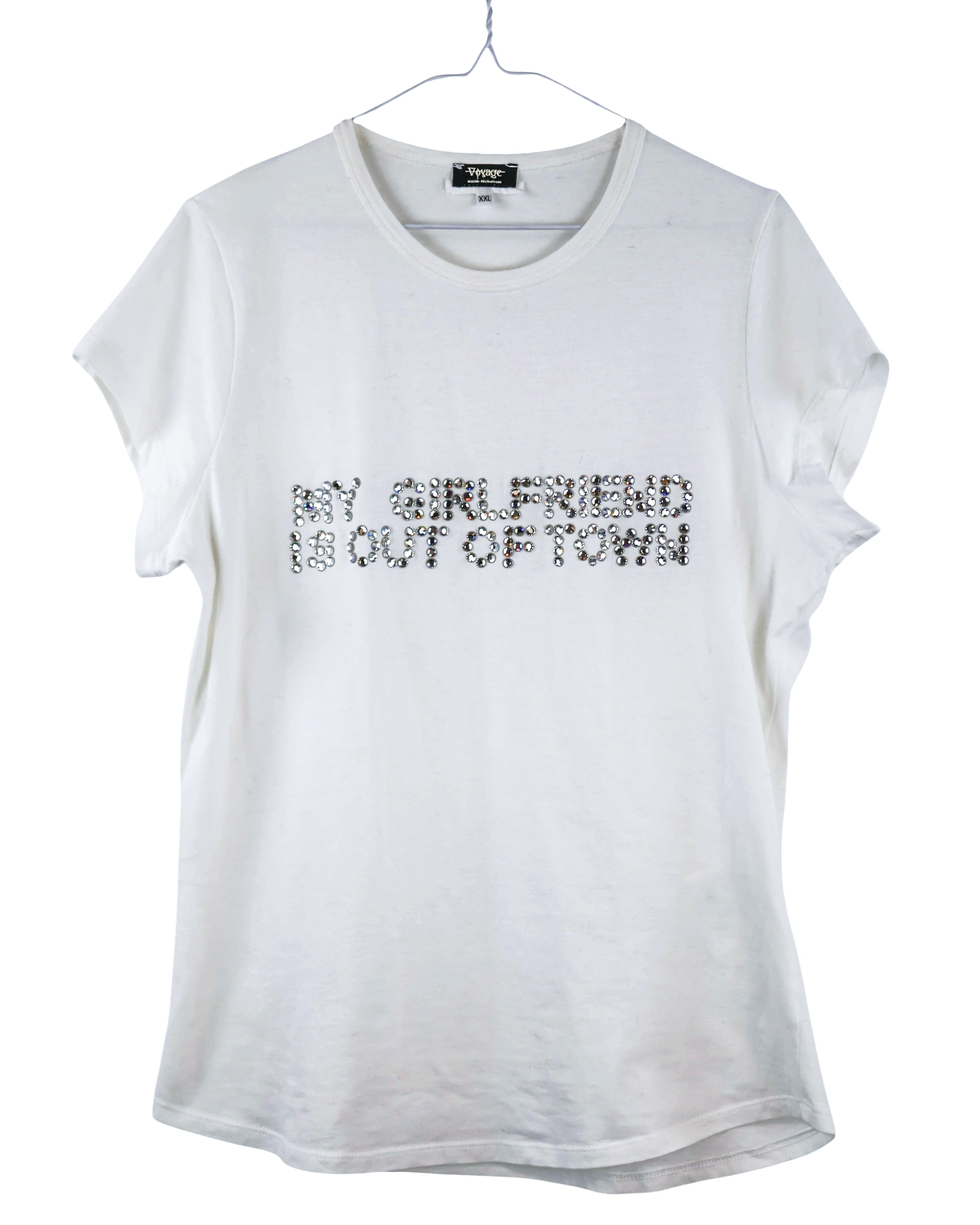 Vintage Voyage Mazzilli & Michielsens “My Girlfriend Is Out of Town” T-shirt — European artisanal/cult label; white cotton jersey graphic tee, crew neck, short sleeves; rhinestone/diamanté/crystal stud lettering, sparkle slogan top; soft lightweight knit, relaxed/unisex fit; Y2K/novelty/statement streetwear; rare collectible.