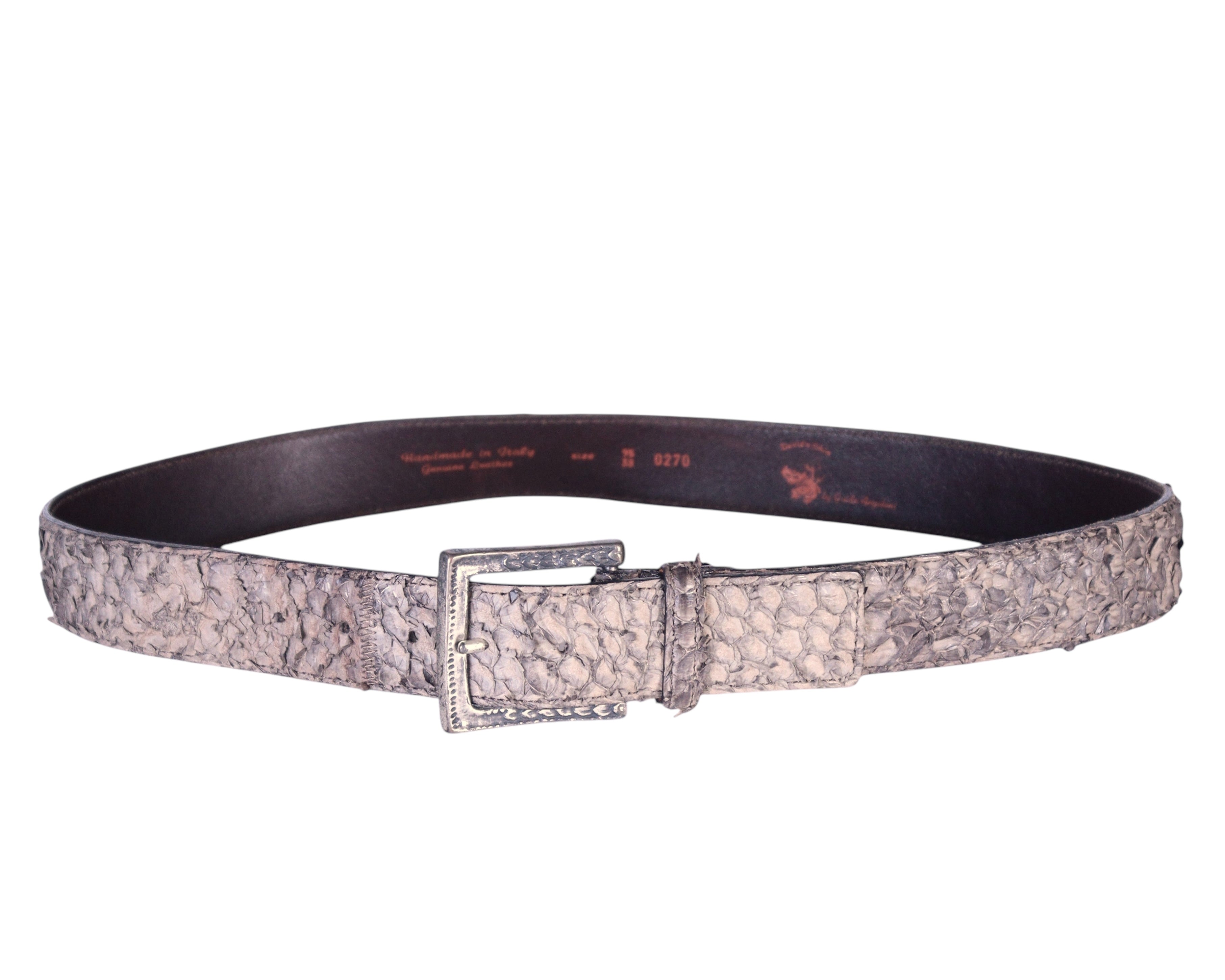 Devil’s Skin by Guido Angeloni grey/taupe textured leather belt; scaled/reptile-effect grain, distressed matte finish; tonal leather-covered square buckle with single prong, adjustable; unisex fit; perfect with jeans, tailoring, rock/western looks; Italian artisan brand, small-batch, rare vintage piece.