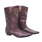 A pair of brown leather boots with snakeskin detail. Brown leather western Santiag boots with a pointed toe, mid-calf shaft and low Cuban heel, finished with snakeskin pull tabs and snake motif inlays. Italian designer pair with a gently worn patina; vintage, rare.