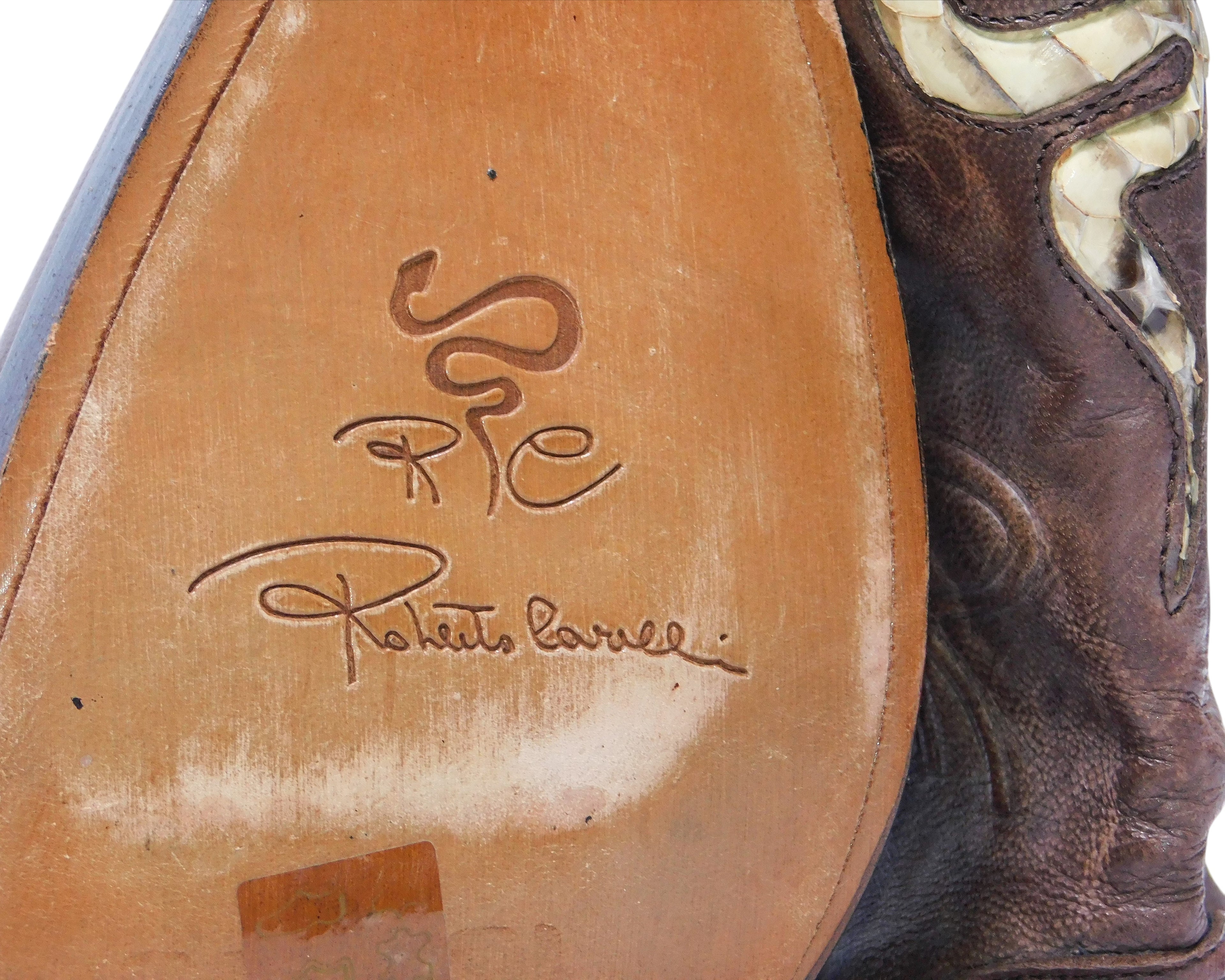 Roberto Cavalli brown leather Santiag boots with snakeskin