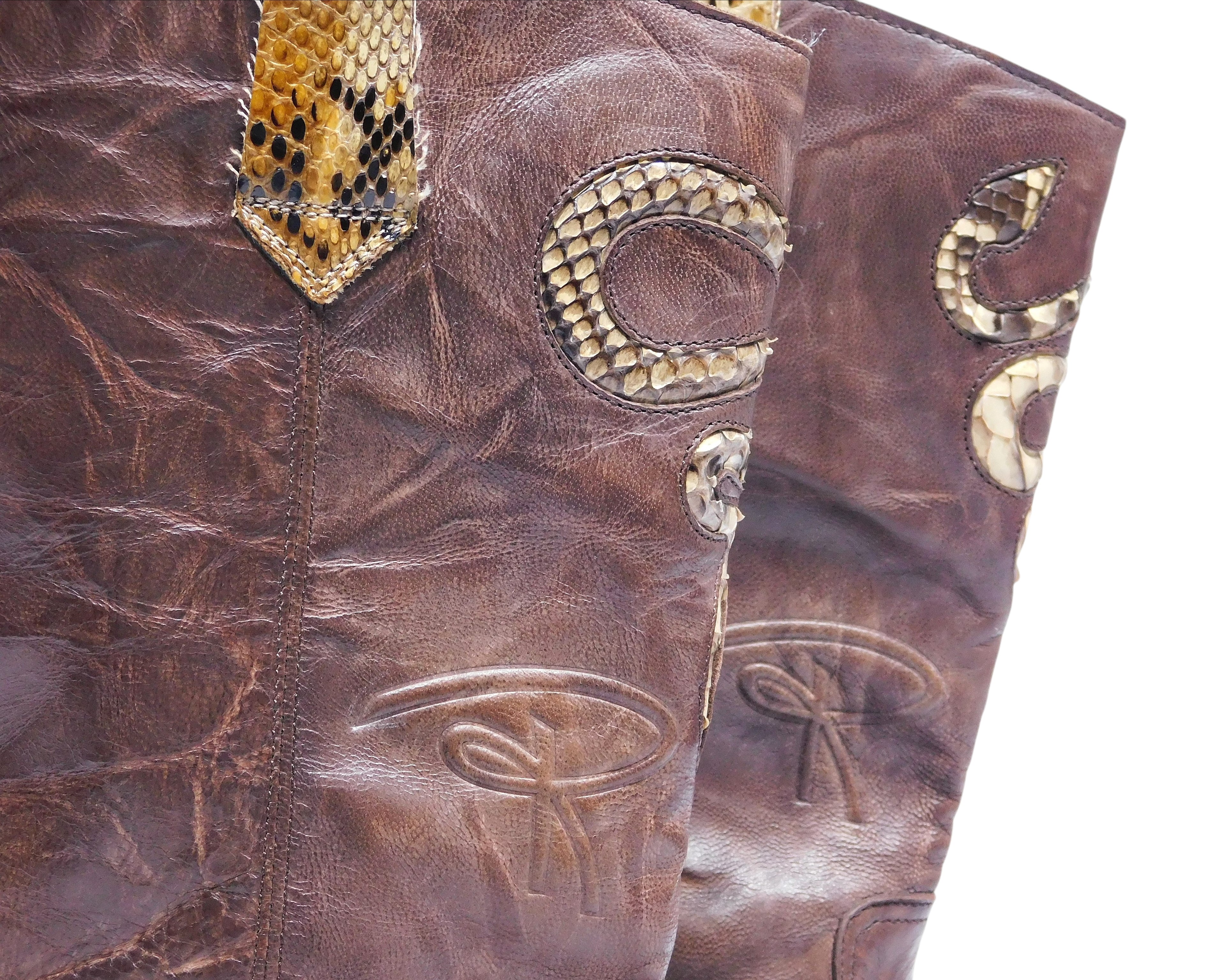 Roberto Cavalli brown leather Santiag boots with snakeskin