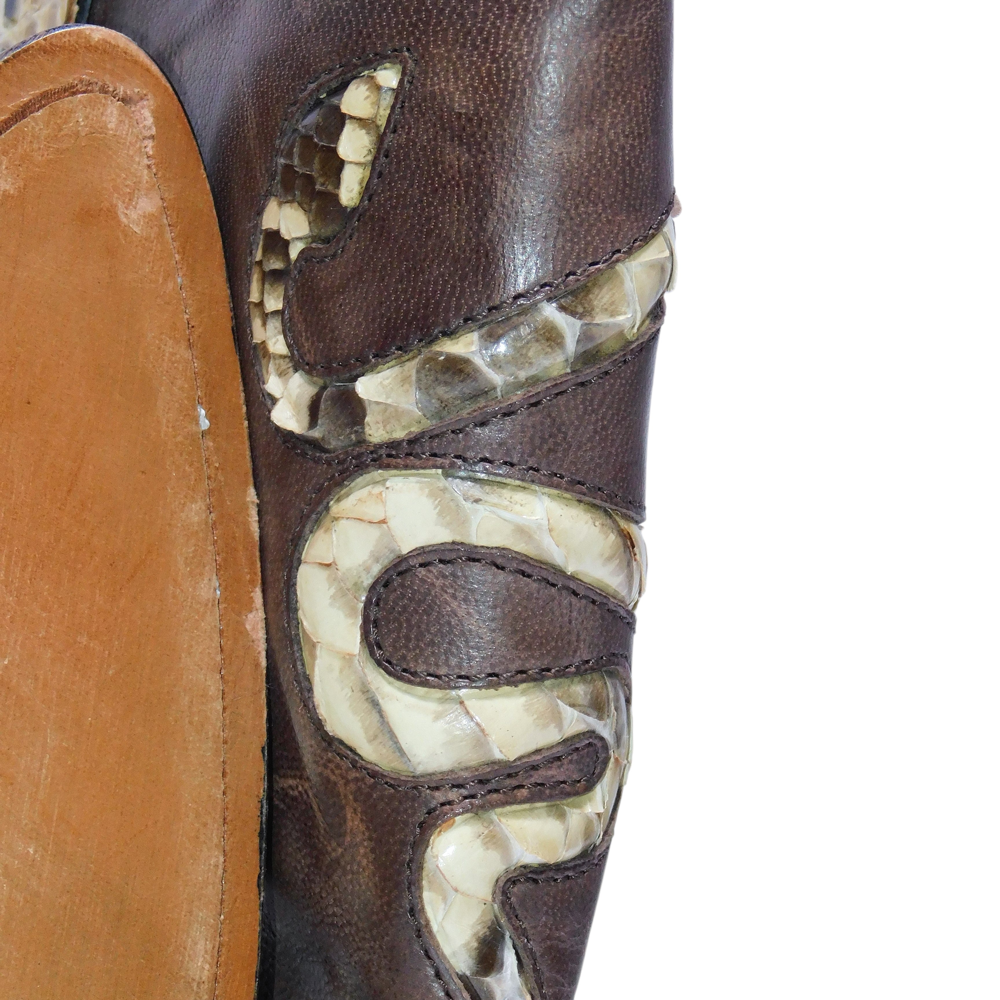 Roberto Cavalli brown leather Santiag boots with snakeskin