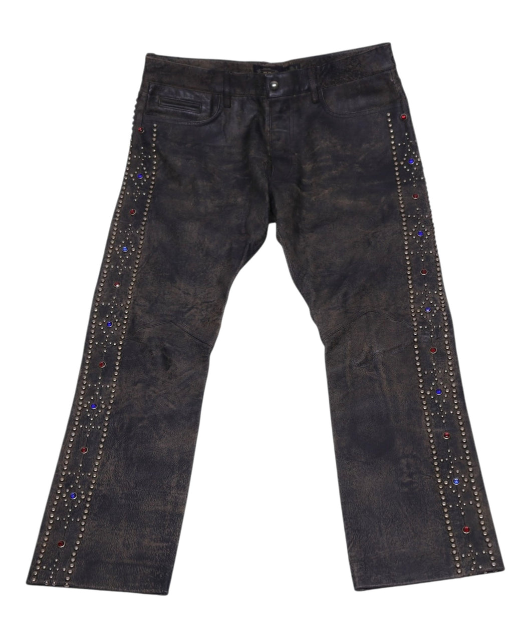 Vintage RRL Ralph Lauren 2008 leather pants/trousers in distressed black-brown with a worn patina and straight/bootcut leg. Five-pocket jeans style with jeweled, stud-embellished side stripes and metal hardware—luxury, rare and unique, laid flat on white.