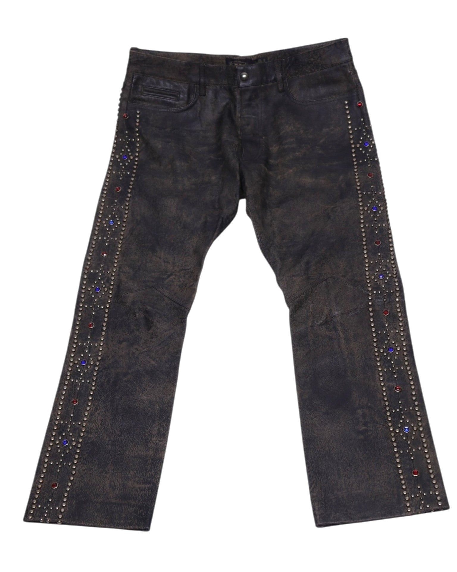Vintage RRL Ralph Lauren 2008 leather pants/trousers in distressed black-brown with a worn patina and straight/bootcut leg. Five-pocket jeans style with jeweled, stud-embellished side stripes and metal hardware—luxury, rare and unique, laid flat on white.