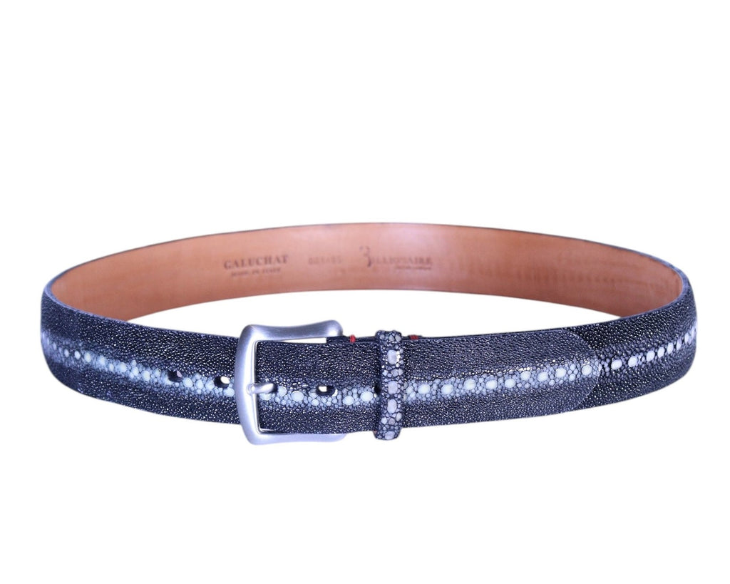A black leather belt with a metallic buckle, displaying a textured pattern along the length. Billionaire Italian Couture black/charcoal stingray leather belt; authentic galuchat (shagreen) with pearl-row center and glossy pebbled texture; silver-tone buckle and keeper, smooth calfskin lining; adjustable unisex fit; perfect for jeans, tailoring, streetwear; tags: luxury, statement, rare; Italian heritage brand, artisanal craft.