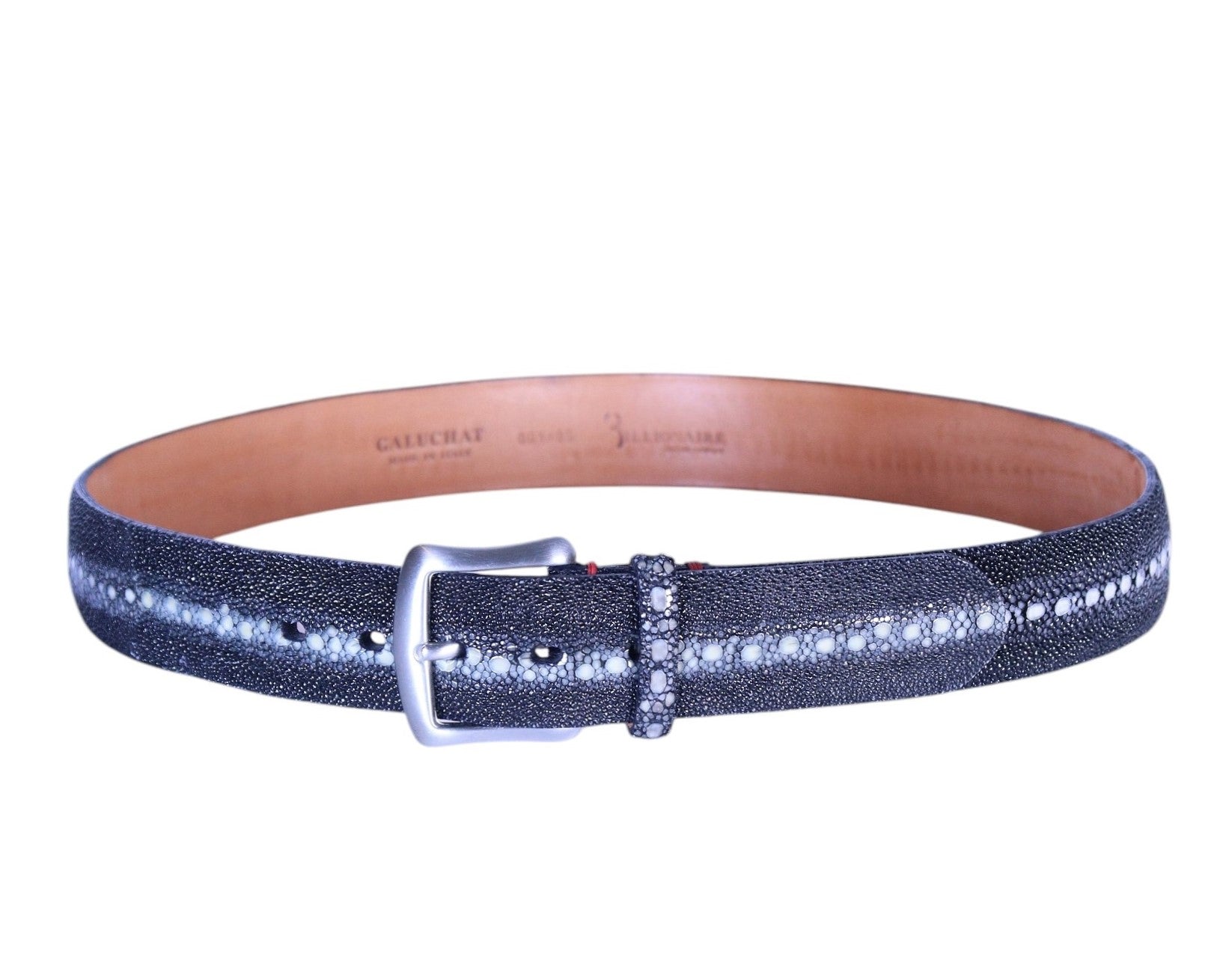 A black leather belt with a metallic buckle, displaying a textured pattern along the length. Billionaire Italian Couture black/charcoal stingray leather belt; authentic galuchat (shagreen) with pearl-row center and glossy pebbled texture; silver-tone buckle and keeper, smooth calfskin lining; adjustable unisex fit; perfect for jeans, tailoring, streetwear; tags: luxury, statement, rare; Italian heritage brand, artisanal craft.
