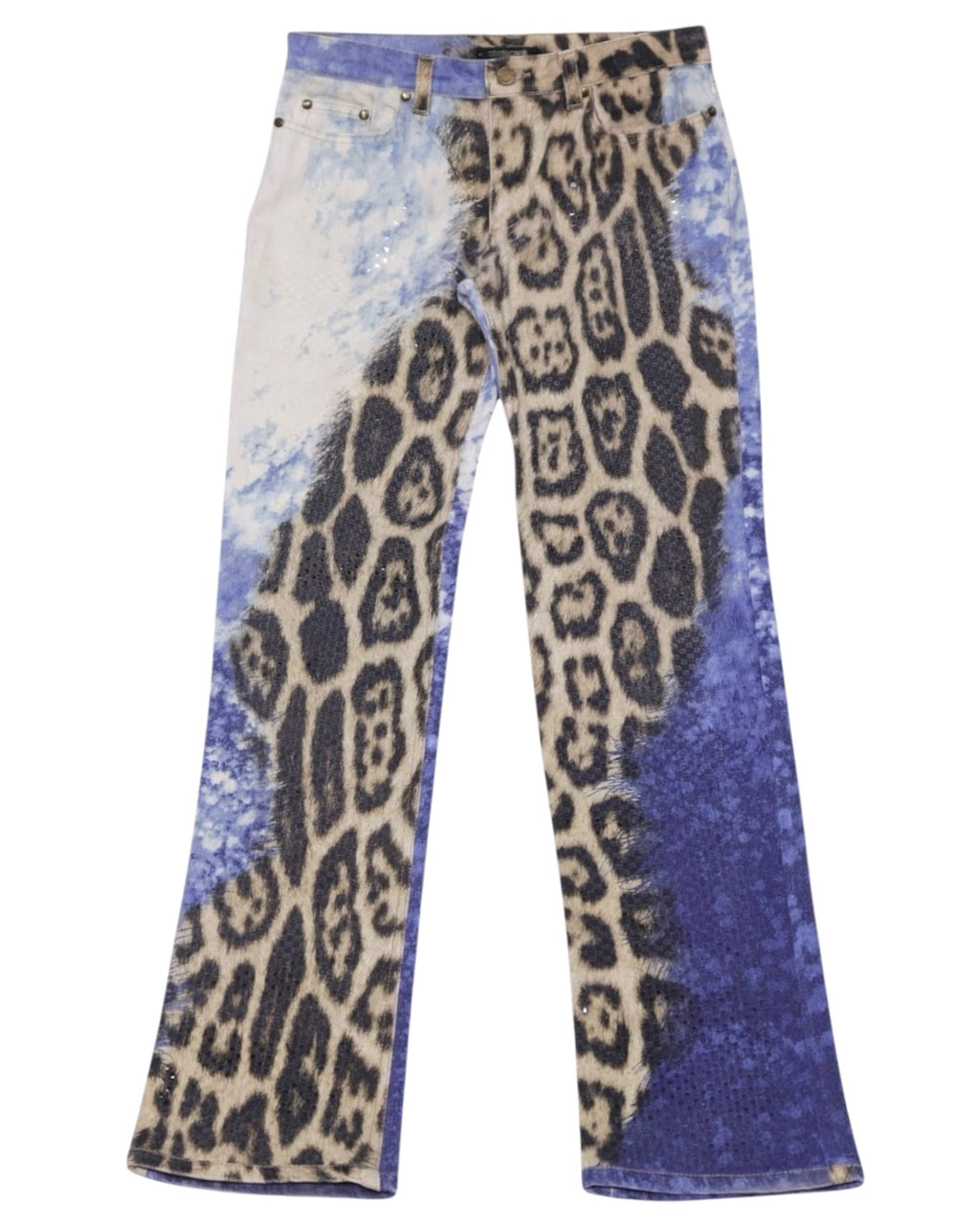 Vintage 2000s Roberto Cavalli jeans/denim trousers with bold leopard (animal) print spliced with blue tie-dye wash, five-pocket styling and a slim bootcut leg. Luxury designer statement piece, rare and unique, laid flat on a white background.