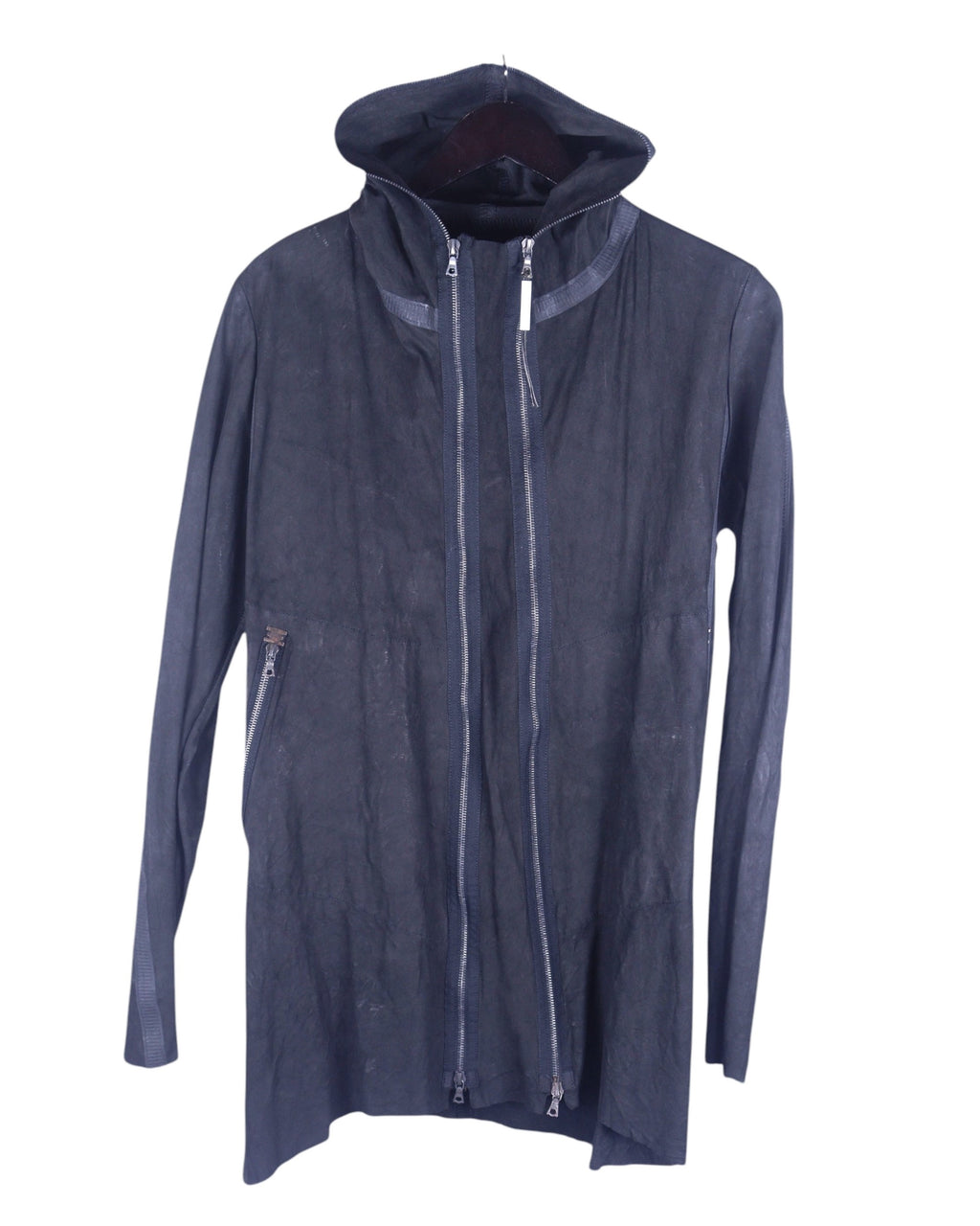 A black Isaac Sellam calfskin jacket with a hood, zipper, and long sleeves. Isaac Sellam black/charcoal/ink calfskin hooded jacket; longline leather coat/zip hoodie with twin vertical two-way zippers, high neck, slim sleeves, hidden pocket, raw/washed finish; matte silver hardware; regular fit, unisex; pairs with denim, tailoring, techwear; avant-garde, minimal, industrial; brand context: French artisanal label from Paris known for experimental leatherwork and architectural cuts; rare runway piece.
