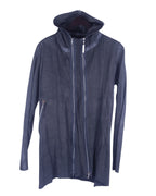 A black Isaac Sellam calfskin jacket with a hood, zipper, and long sleeves. Isaac Sellam black/charcoal/ink calfskin hooded jacket; longline leather coat/zip hoodie with twin vertical two-way zippers, high neck, slim sleeves, hidden pocket, raw/washed finish; matte silver hardware; regular fit, unisex; pairs with denim, tailoring, techwear; avant-garde, minimal, industrial; brand context: French artisanal label from Paris known for experimental leatherwork and architectural cuts; rare runway piece.