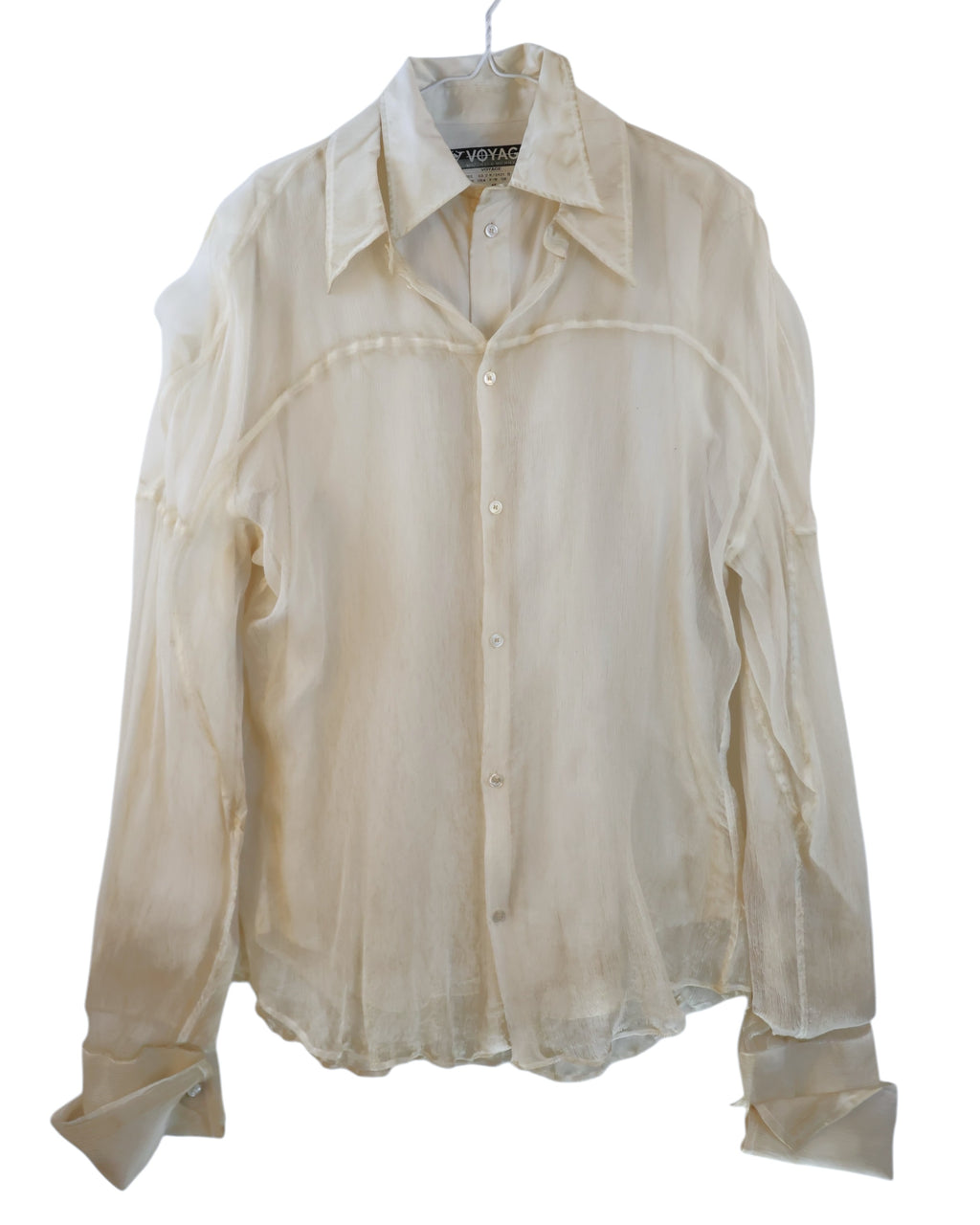Voyage Mazzilli & Michielsens ivory/cream double-layer long-sleeve button-up shirt/blouse; semi-sheer gauze/chiffon effect with overlay construction, deconstructed chest seam, exaggerated collar, tonal buttons, soft drape; relaxed/unisex layer for tailoring, denim, evening; artisanal/avant-garde/romantic/minimal/Y2K; Italian-Belgian label, made-in-Italy craft, rare archive piece.