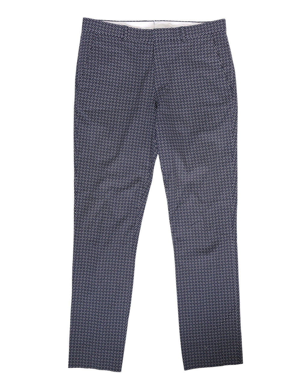Tailored slim trousers in monochrome black and white with an all-over micro geometric print, smooth woven finish, clean waistband, side pockets and concealed fly. Straight-tapered legs with a retro/mod, designer vibe; second-hand and unique.