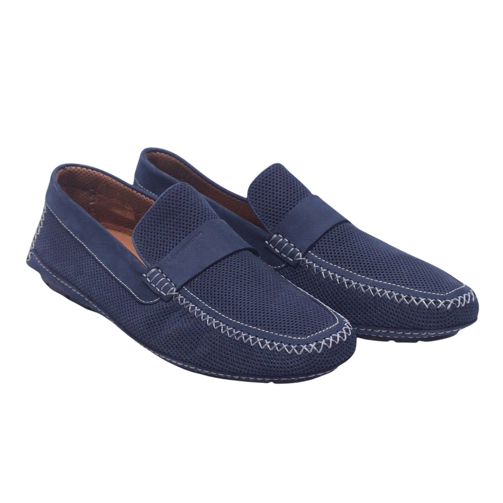 A pair of blue leather Moreschi shoes with a casual, slip-on design. Moreschi navy blue leather loafers with a perforated upper, penny-strap vamp and moc-toe, finished with bold contrast stitching and a rubber driver sole; vintage Italian designer, rare.
