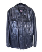 Gianfranco Ferré (Ferre) black calfskin Nappa leather jacket, shirt-jacket/shacket/overshirt style — Italian luxury house from Milan; smooth glossy Nappa, pointed collar, button-front placket, twin flap chest pockets, angled hand pockets, straight hem, tonal stitching; tailored regular fit, lightweight–midweight outerwear; unisex minimalist designer piece, made in Italy, perfect for jeans or tailoring.
