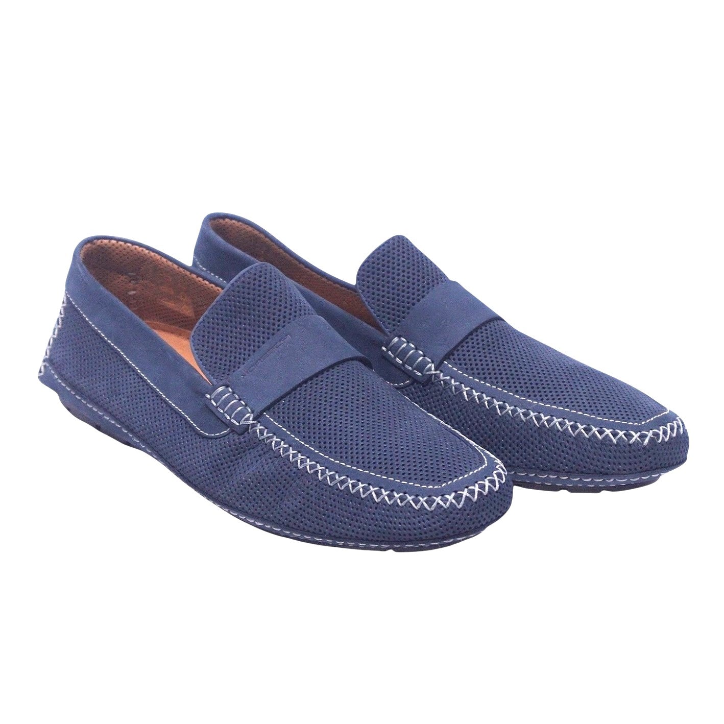 A pair of dark blue leather slip-on shoes with stitching detail on the upper and a rubber sole. Moreschi navy leather loafers with perforated upper, penny strap, moc-toe and bold white contrast stitching, set on a rubber sole; vintage Italian designer, rare.