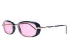 Yohji Yamamoto vintage sunglasses / designer shades—black acetate and silver-tone metal micro-oval frame with pink lenses; slim gunmetal temples with black tips, minimalist hardware; avant-garde Japanese design from Tokyo, artisan eyewear quality; unisex, Y2K/’90s small narrow fit, retro rectangle-oval silhouette, collectible runway streetwear accessory.