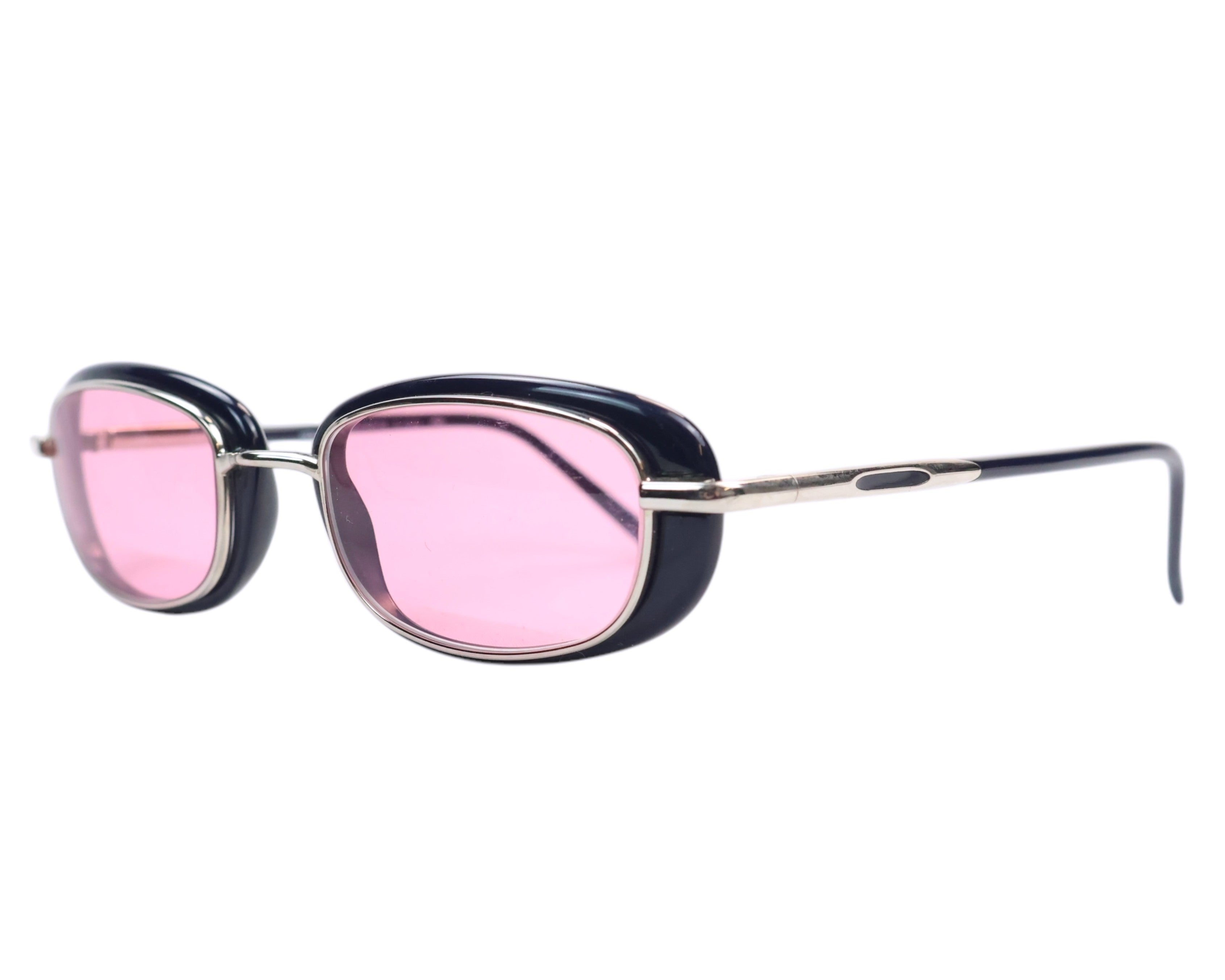Yohji Yamamoto vintage sunglasses / designer shades—black acetate and silver-tone metal micro-oval frame with pink lenses; slim gunmetal temples with black tips, minimalist hardware; avant-garde Japanese design from Tokyo, artisan eyewear quality; unisex, Y2K/’90s small narrow fit, retro rectangle-oval silhouette, collectible runway streetwear accessory.