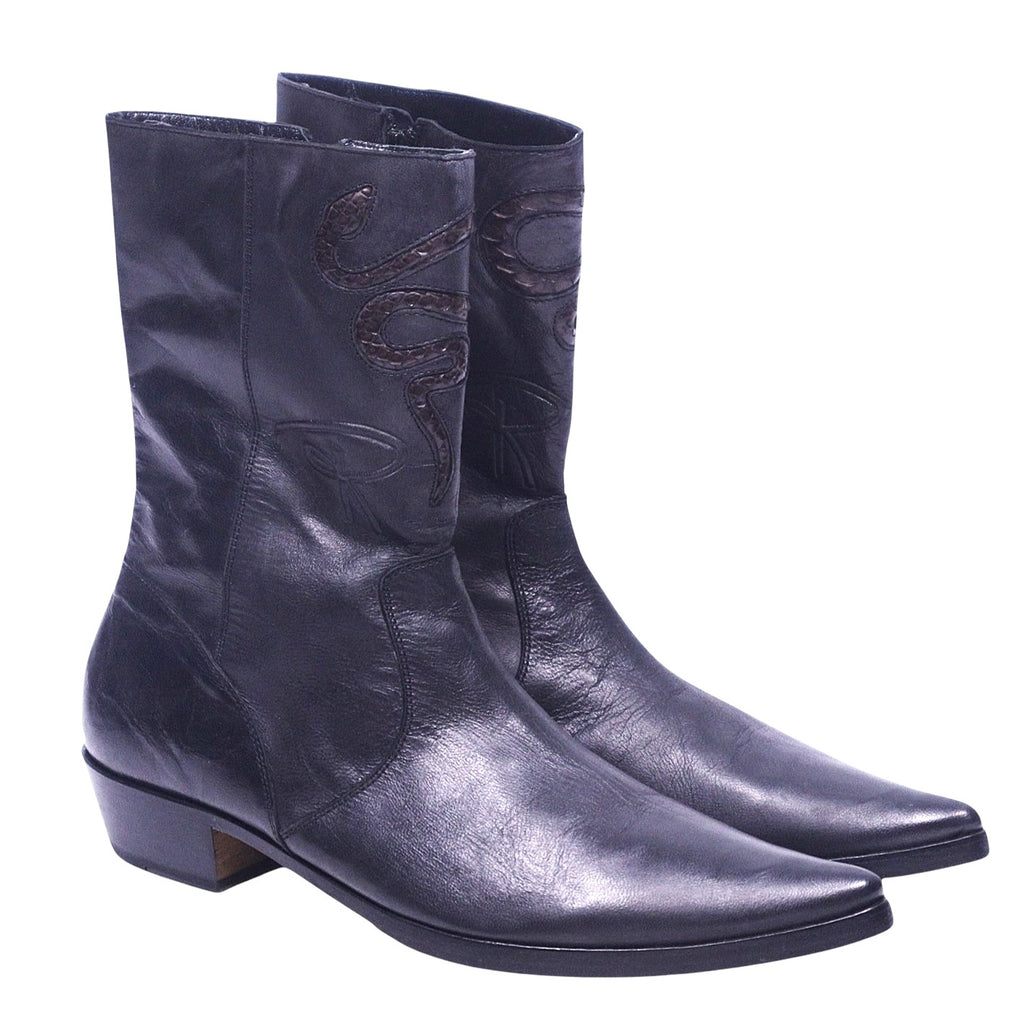 Roberto Cavalli black leather santiag boots with snakeskin
