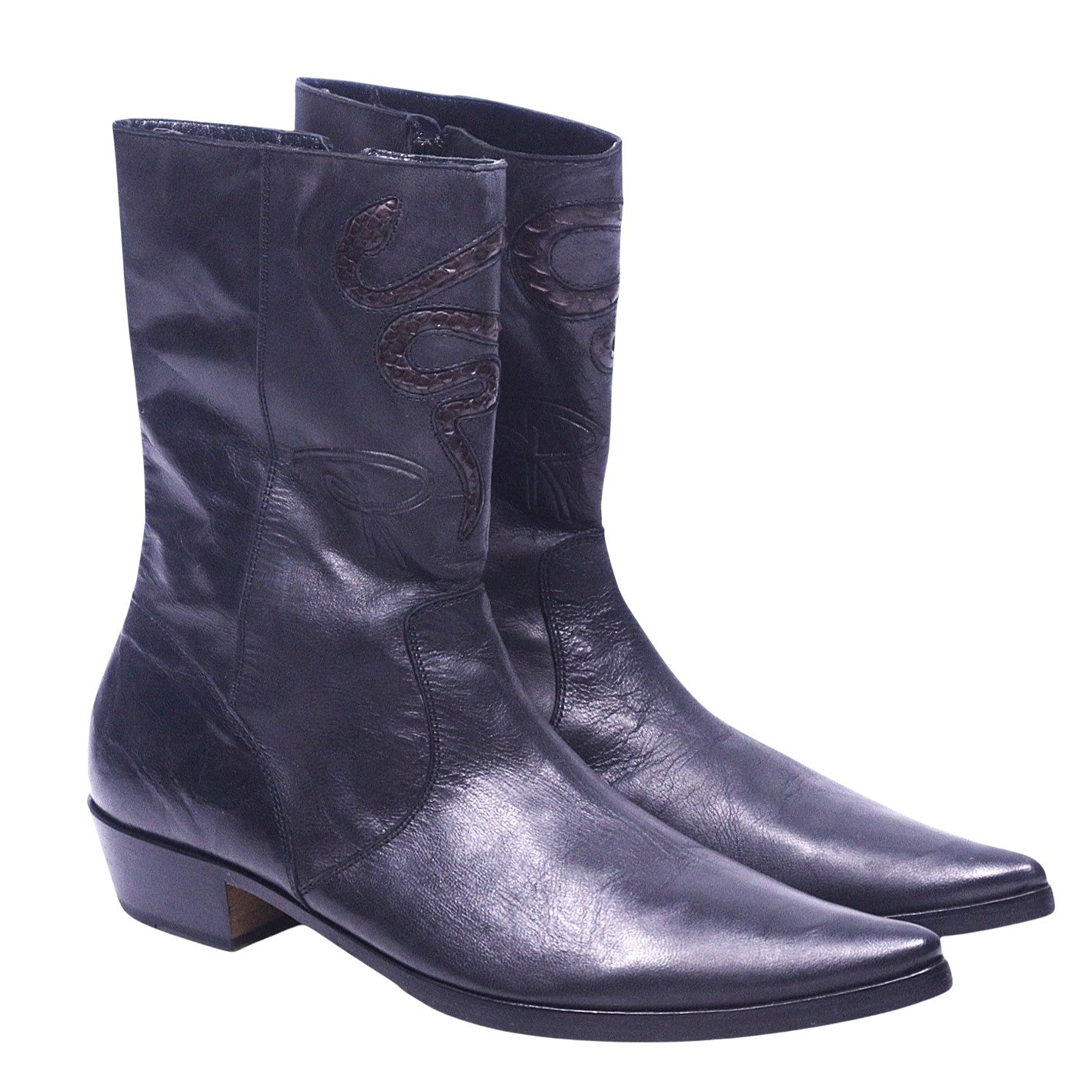 Roberto Cavalli black leather santiag boots with snakeskin