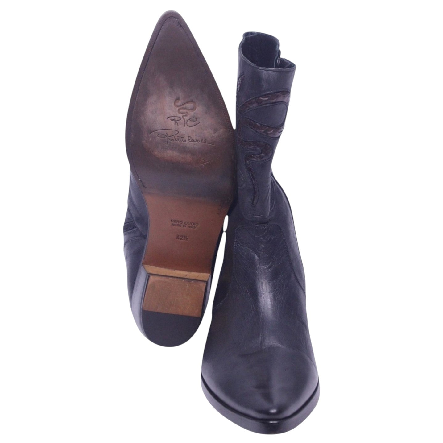 Roberto Cavalli black leather santiag boots with snakeskin