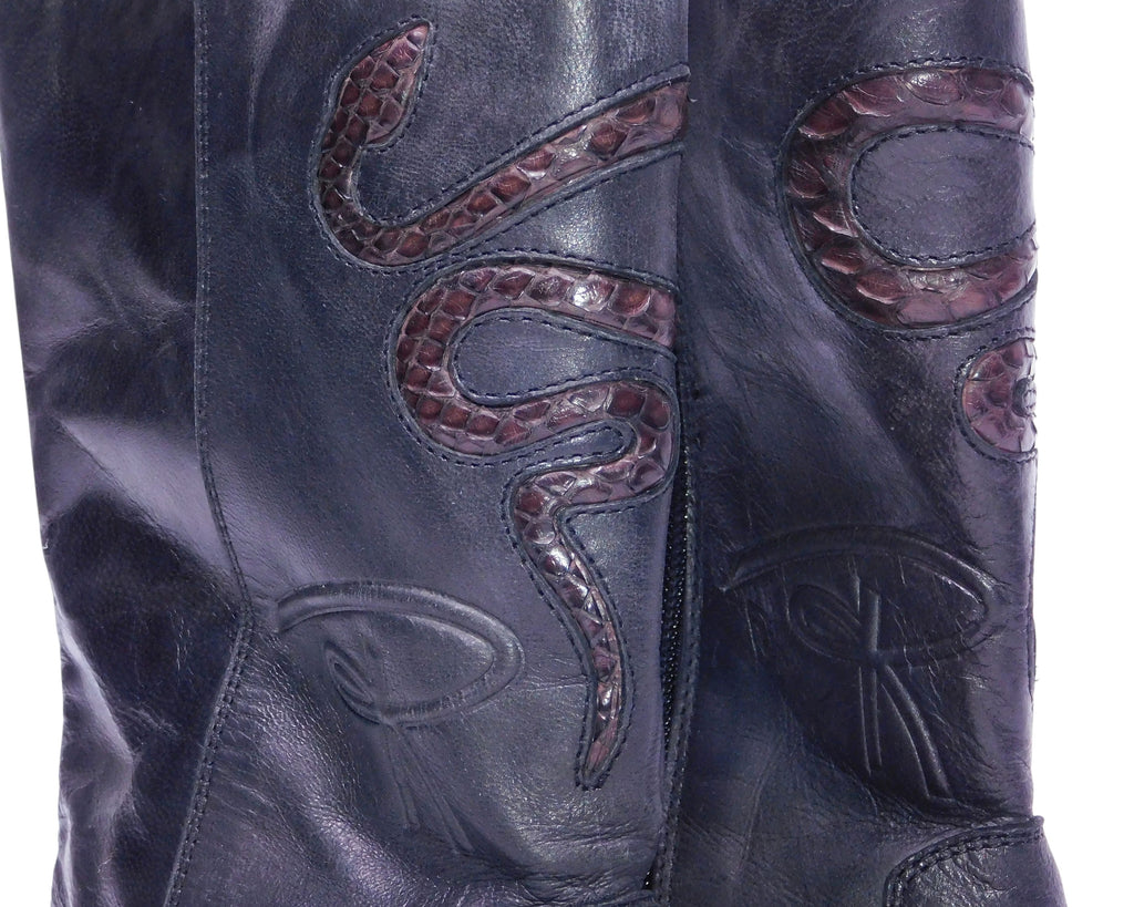 Roberto Cavalli black leather santiag boots with snakeskin