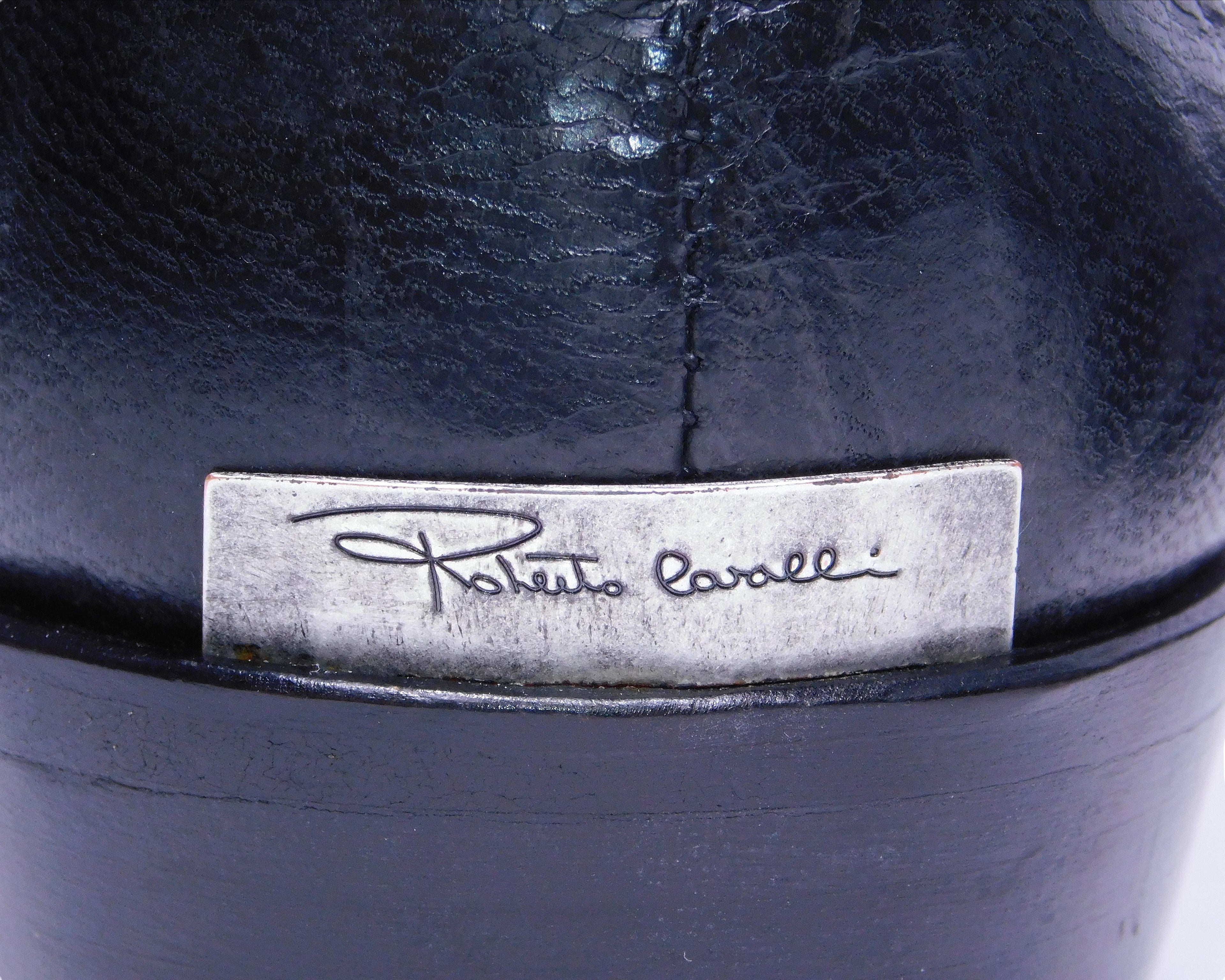 Roberto Cavalli black leather santiag boots with snakeskin