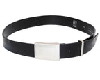 Gianfranco Ferré (GFF) black leather belt—Italian luxury designer from Milan known as the “architect of fashion”; sleek minimalist strap with a brushed silver-tone rectangular plaque buckle, clean modernist lines, adjustable holes and keeper loop; premium calfskin, smooth grain, durable stitching; unisex designer waist belt for jeans, trousers or tailoring; refined, timeless, understated, collectible vintage accessory.