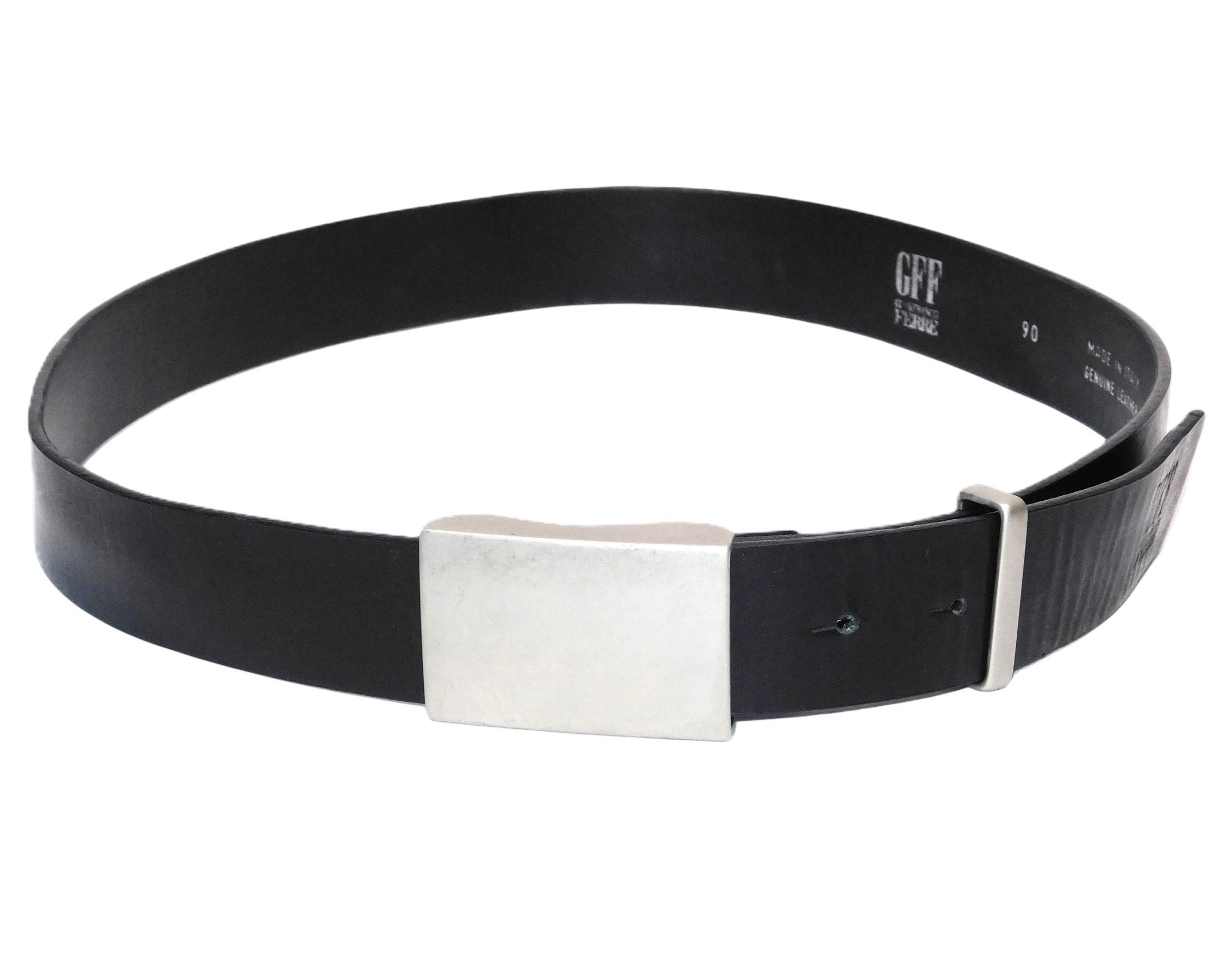 Gianfranco Ferré (GFF) black leather belt—Italian luxury designer from Milan known as the “architect of fashion”; sleek minimalist strap with a brushed silver-tone rectangular plaque buckle, clean modernist lines, adjustable holes and keeper loop; premium calfskin, smooth grain, durable stitching; unisex designer waist belt for jeans, trousers or tailoring; refined, timeless, understated, collectible vintage accessory.