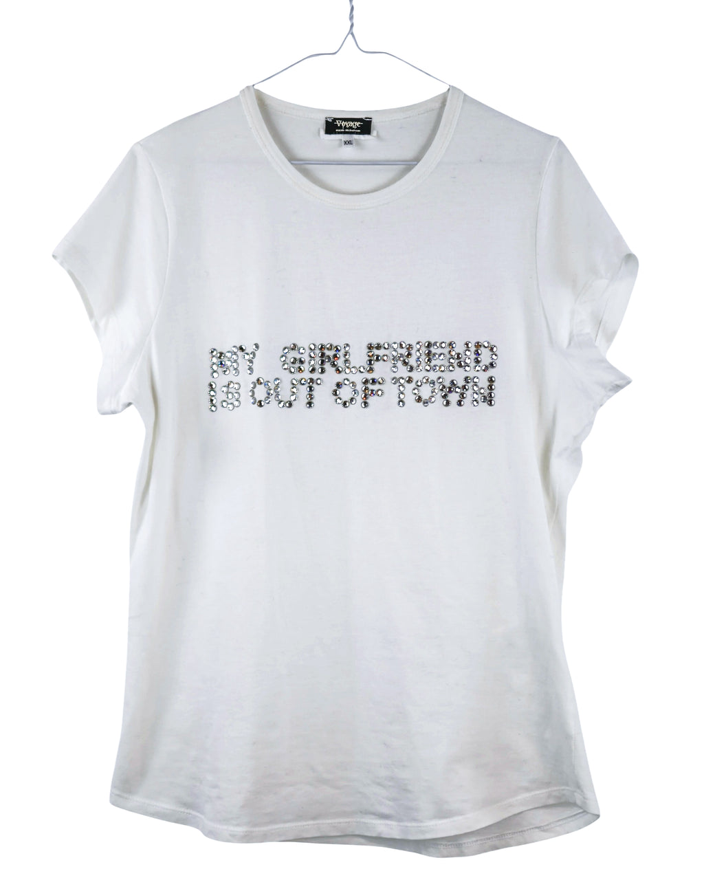 Vintage Voyage Mazzilli & Michielsens “My Girlfriend Is Out of Town” T-shirt — European artisanal/cult label; white cotton jersey graphic tee, crew neck, short sleeves; rhinestone/diamanté/crystal stud lettering, sparkle slogan top; soft lightweight knit, relaxed/unisex fit; Y2K/novelty/statement streetwear; rare collectible.