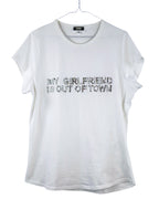 Vintage Voyage Mazzilli & Michielsens “My Girlfriend Is Out of Town” T-shirt — European artisanal/cult label; white cotton jersey graphic tee, crew neck, short sleeves; rhinestone/diamanté/crystal stud lettering, sparkle slogan top; soft lightweight knit, relaxed/unisex fit; Y2K/novelty/statement streetwear; rare collectible.