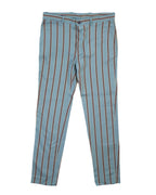 Tailored slim-fit trousers in dusty teal blue with vertical brown and tan pinstripes. Flat-front, mid-rise pants in smooth woven fabric with belt loops, side pockets and a button closure; retro-inspired, statement stripe.