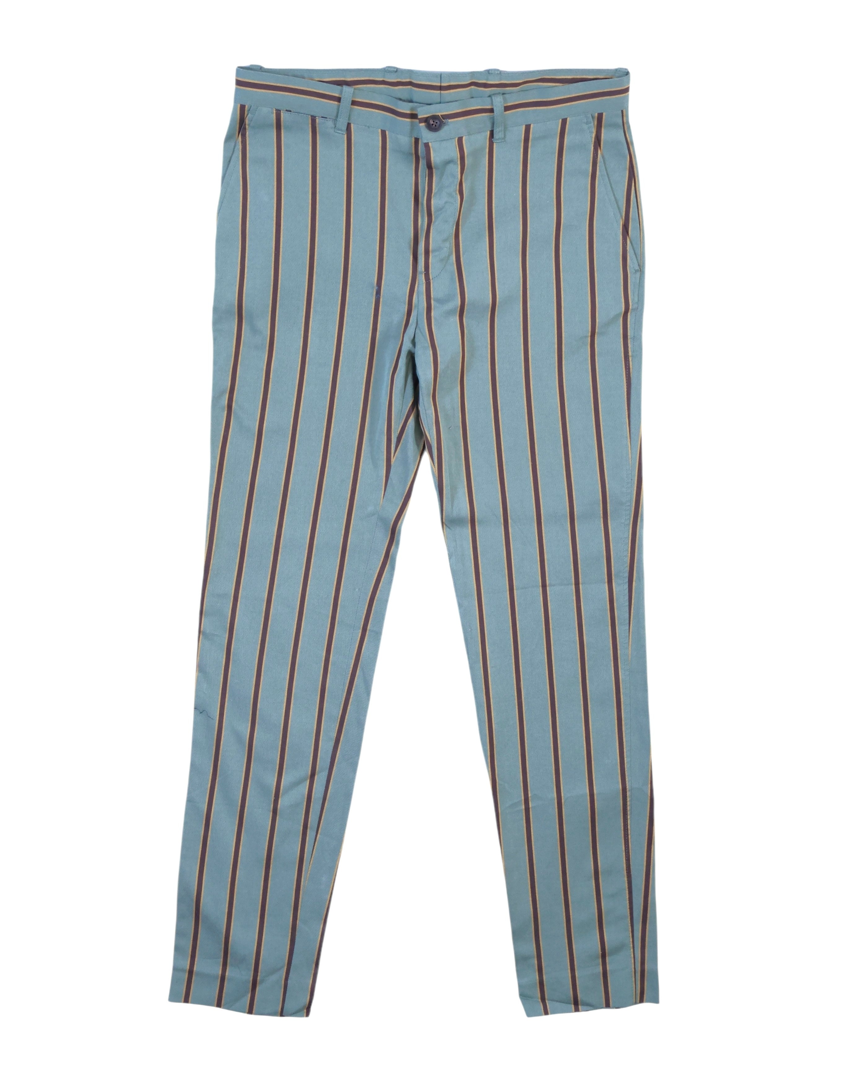Tailored slim-fit trousers in dusty teal blue with vertical brown and tan pinstripes. Flat-front, mid-rise pants in smooth woven fabric with belt loops, side pockets and a button closure; retro-inspired, statement stripe.