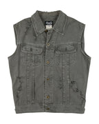Dolce & Gabbana (D&G) grey denim vest / sleeveless trucker jacket—stonewashed cotton jean fabric, distressed/ripped details, button-front placket, flap chest pockets, raw edges; grunge/workwear street style layer for tees or hoodies; unisex fit. Italian luxury label from Milan known for sharp tailoring and artisanal finishes.