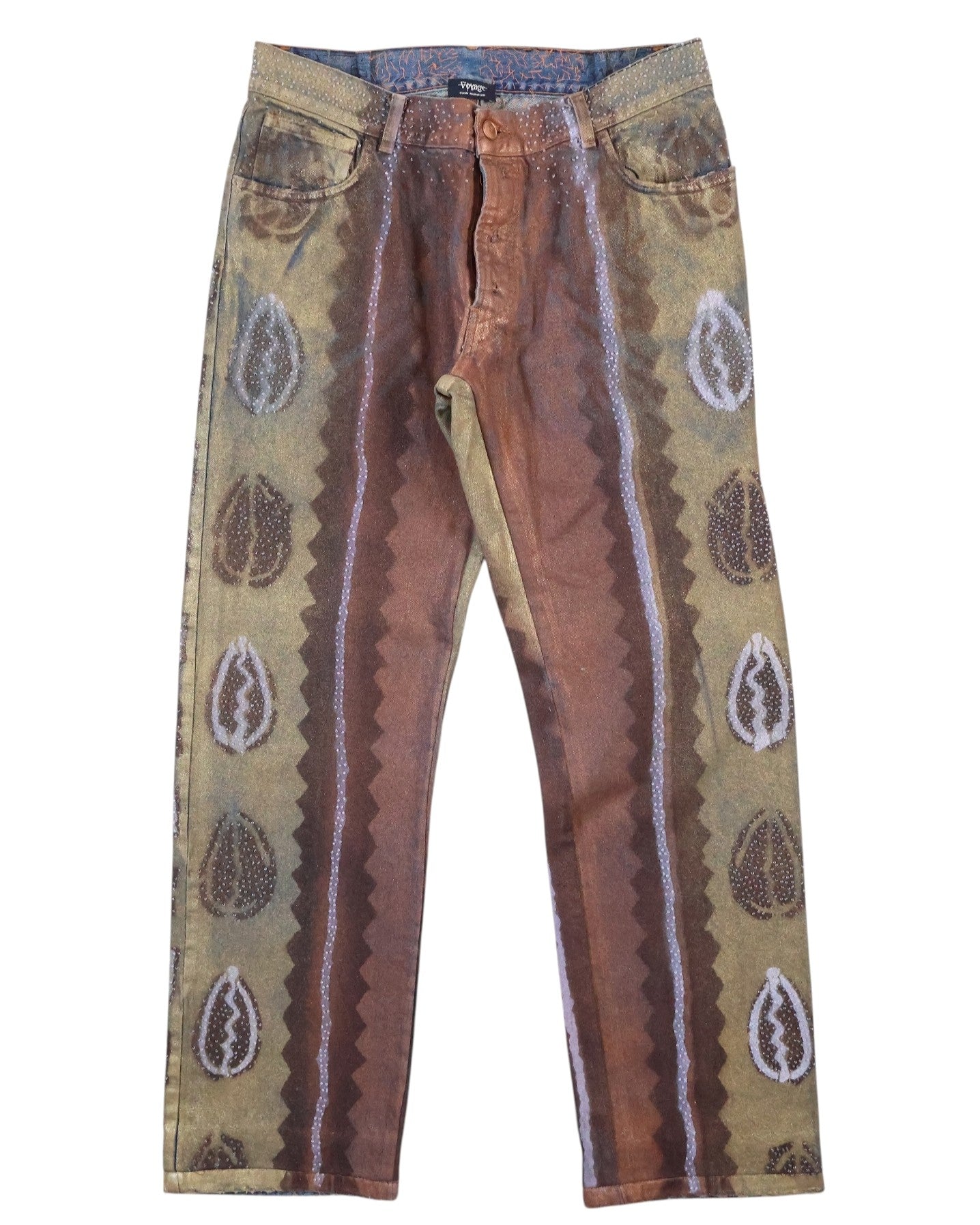 A pair of jeans with a geometric and leaf pattern and pearl beading design. Vintage straight-leg jeans in earthy olive and rust with vertical panel stripes and teardrop/paisley motifs, dotted with pearl-like beading. Classic denim waistband with belt loops and front fly; designer, rare statement pair.