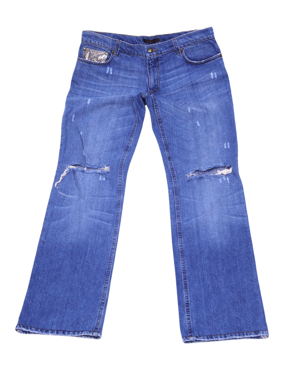 Vintage Roberto Cavalli medium-blue jeans/denim trousers with ripped knees and light fading. Straight-leg five-pocket style featuring a snakeskin-pattern coin pocket; luxury designer, rare and unique, laid flat on white.