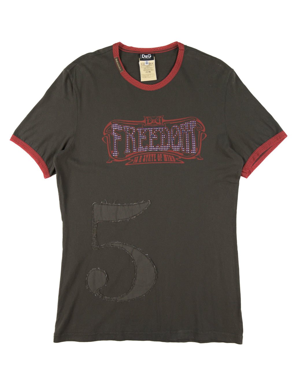 Vintage D&G Dolce & Gabbana ringer T-shirt / graphic tee in dark charcoal-olive with red contrast trim—“Freedom is a State of Mind” rhinestone logo print, oversized raw-edge “5” appliqué; soft cotton jersey, short-sleeve crewneck; Italian designer streetwear from Milan, Y2K/2000s vibe; unisex top / slogan tee / logo shirt, casual layering essential.