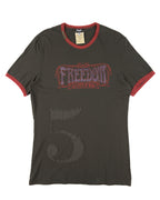 Vintage D&G Dolce & Gabbana ringer T-shirt / graphic tee in dark charcoal-olive with red contrast trim—“Freedom is a State of Mind” rhinestone logo print, oversized raw-edge “5” appliqué; soft cotton jersey, short-sleeve crewneck; Italian designer streetwear from Milan, Y2K/2000s vibe; unisex top / slogan tee / logo shirt, casual layering essential.