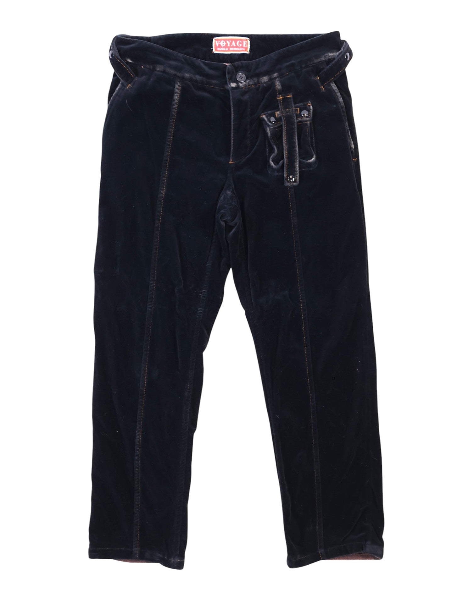 A pair of black velvet pants with a high waist, wide legs, and decorative belt loops. Black velvet trousers with straight legs and a soft sheen, featuring vertical seam lines, belt loops and a small studded utility pocket on the front. Vintage designer vibe, unique and rare.