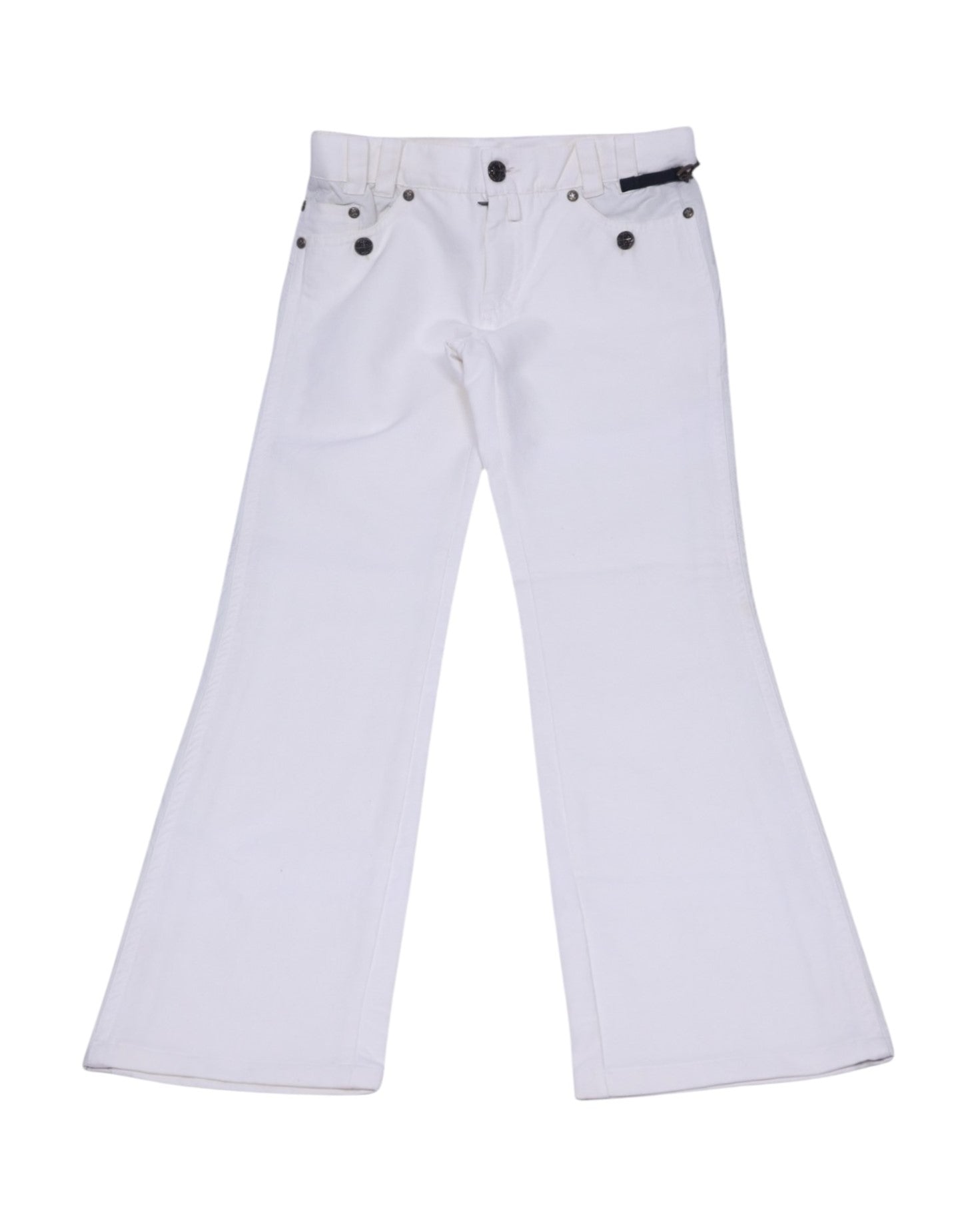 A pair of Roberto Cavalli white pants displayed against a white background, showing the front view of the pants with a visible belt loop, button, and zipper detail. Clean white flared jeans with a mid-rise, jean-style five-pocket front, belt loops and contrast dark rivets and button; smooth, crisp finish with a vintage designer feel.