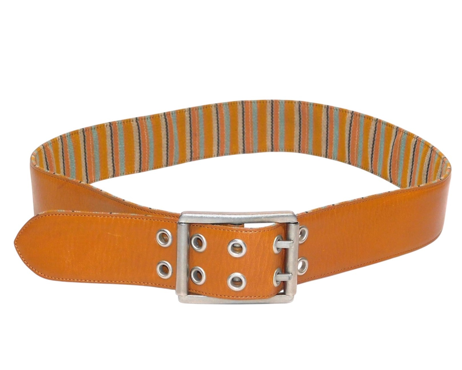 Dries Van Noten orange/cognac tan leather waist belt, reversible with multicolor striped jacquard textile interior; brushed silver-tone rectangular buckle, grommet eyelets; unisex fit; great with jeans, chinos, dresses, tailoring; style: minimalist, avant-garde, indie; brand context: Belgian Antwerp Six designer known for textile craft and luxury detailing; rare vintage piece.