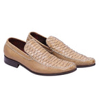 A pair of beige python leather loafers by Roberto Cavalli, displayed against a white background. Roberto Cavalli beige python-skin loafers with scaled vamp, slip-on design, almond toe, leather lining, and low stacked heel.
