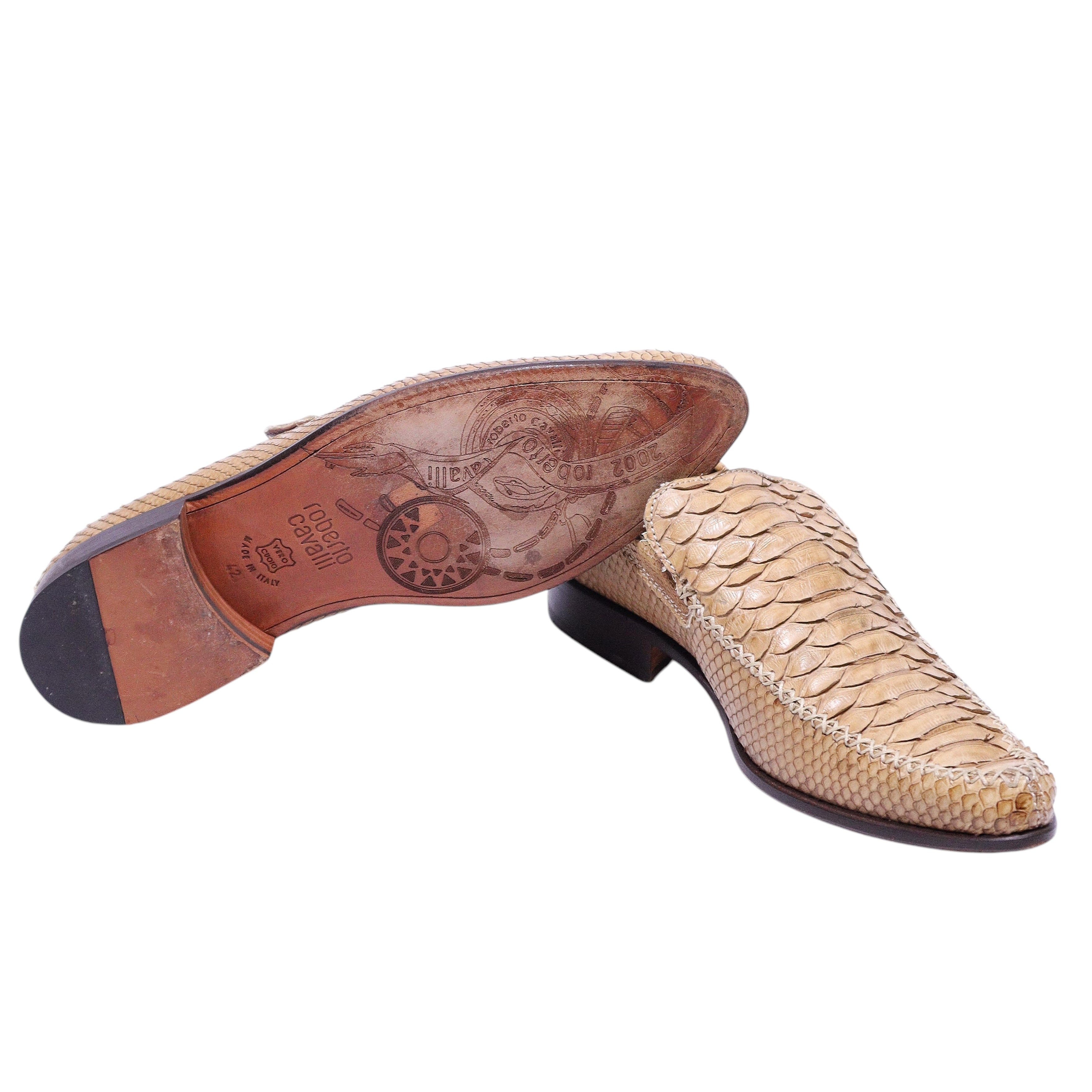 Roberto Cavalli beige python leather loafers
