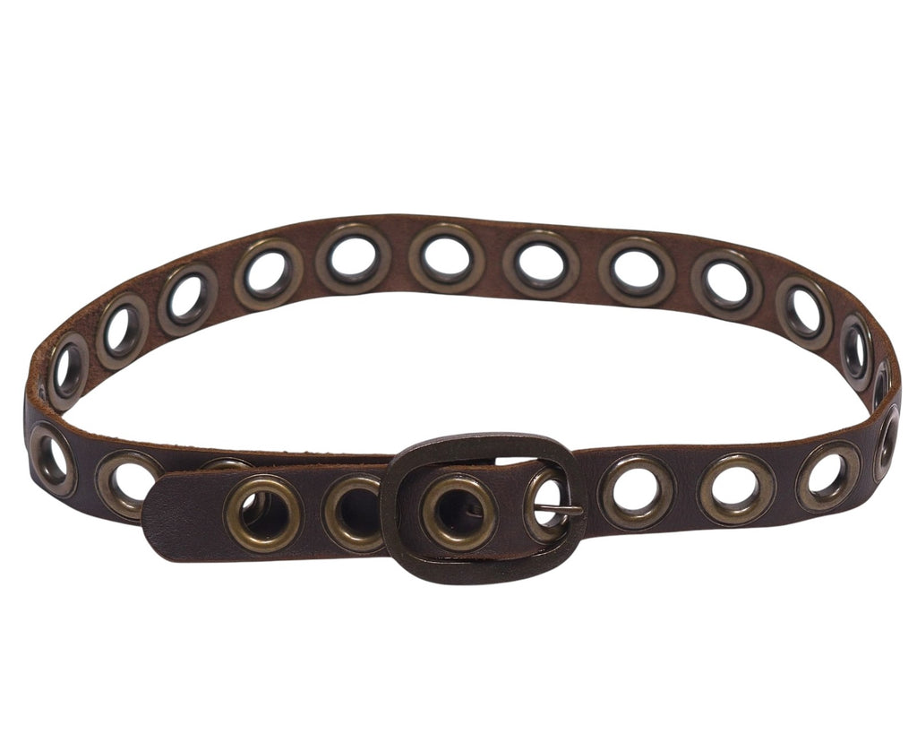 A brown genuine leather belt with perforated holes and a buckle closure. Kenji Ito Comme Ça Collection brown leather belt / slim waist strap; all-around grommet/eyelet holes with matching oval buckle; antique brass hardware; unisex; great with jeans, cargos or tailoring; style tags: punk, grunge, rock, Y2K, minimalist; Japanese Tokyo design heritage, quality craft; rare vintage.