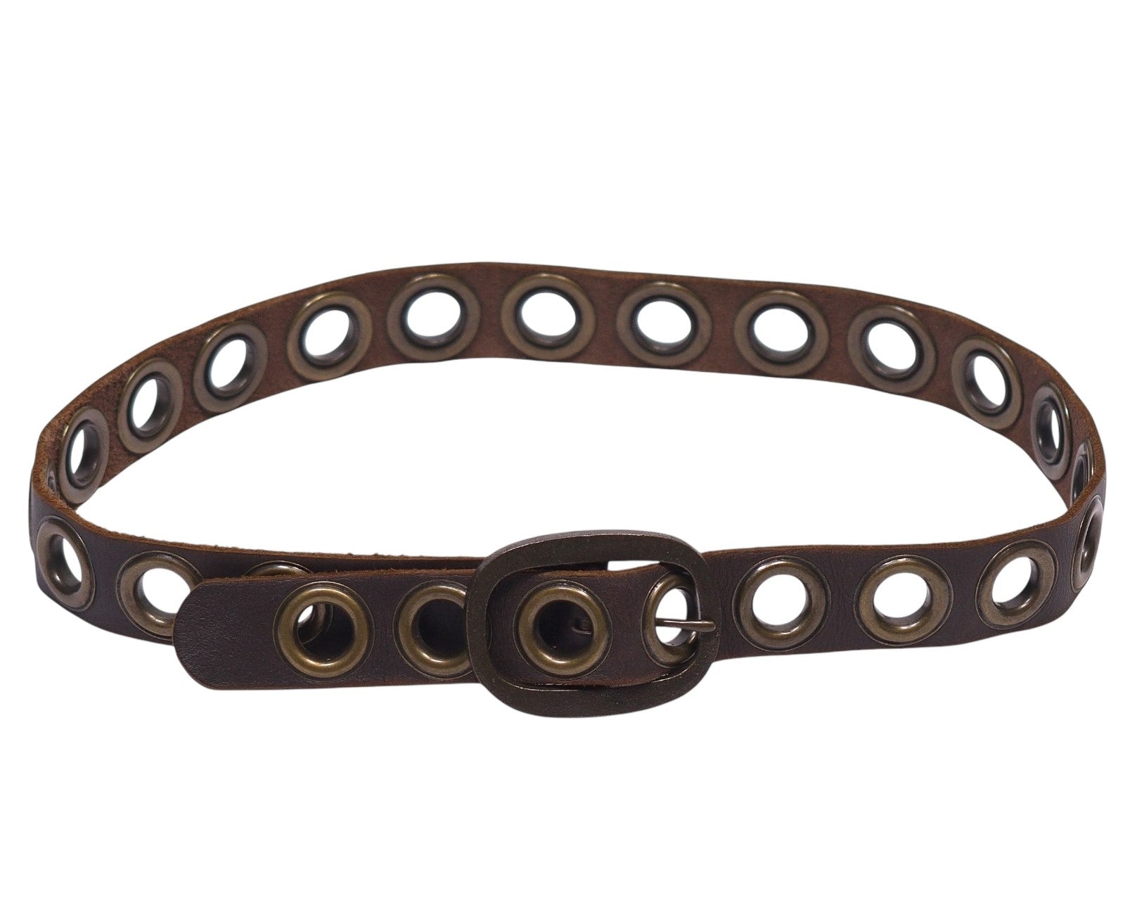 A brown genuine leather belt with perforated holes and a buckle closure. Kenji Ito Comme Ça Collection brown leather belt / slim waist strap; all-around grommet/eyelet holes with matching oval buckle; antique brass hardware; unisex; great with jeans, cargos or tailoring; style tags: punk, grunge, rock, Y2K, minimalist; Japanese Tokyo design heritage, quality craft; rare vintage.