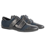 Vintage Gucci black leather and navy canvas sneakers/trainers — low-top designer shoes with triple Velcro (hook-and-loop) straps, round toe, rubber sole, and logo strap (men’s/unisex).