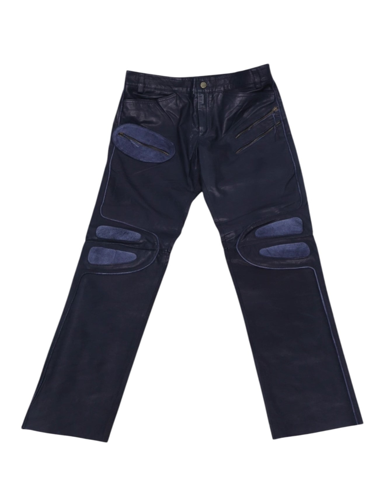 A pair of Roberto Cavalli dark blue leather pants laid flat on a white background, showing the front view with knee pads and belt loops. Vintage Roberto Cavalli dark-blue leather pants/trousers with moto-inspired paneling, oval padded patches and tonal suede inserts, diagonal zip pockets and a button waist. Straight-leg cut in a unique luxury designer piece, laid flat on white.