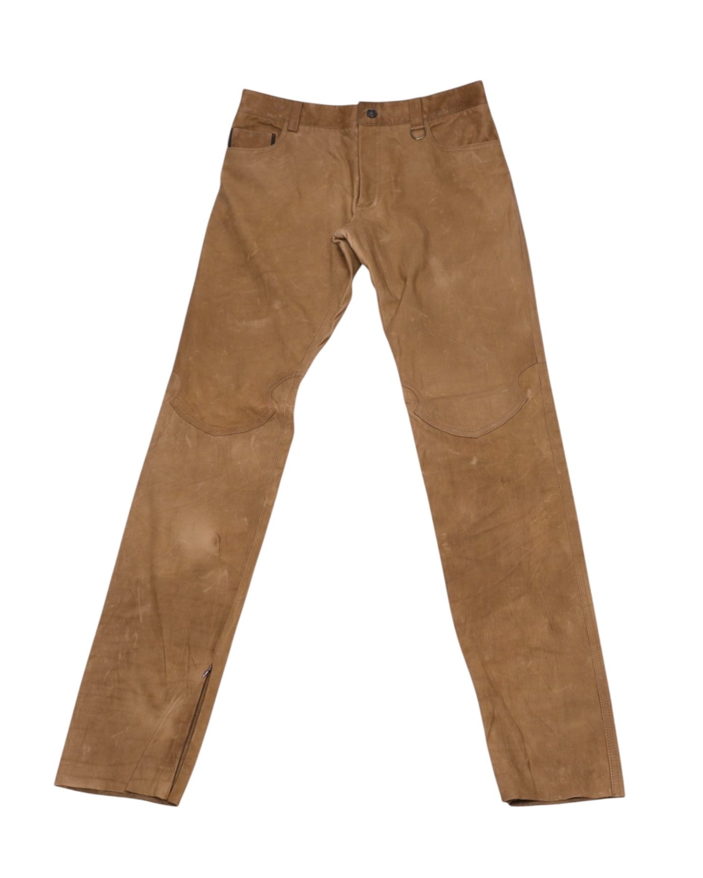 A pair of brown Roberto Cavalli vintage leather pants laid flat on a white background. Vintage Roberto Cavalli brown leather pants/trousers with a matte finish, slim straight leg, articulated knee panels and small ankle zips; jeans-style front pockets with belt loops, button waist and a D-ring detail. Luxury, rare and unique, laid flat on white.