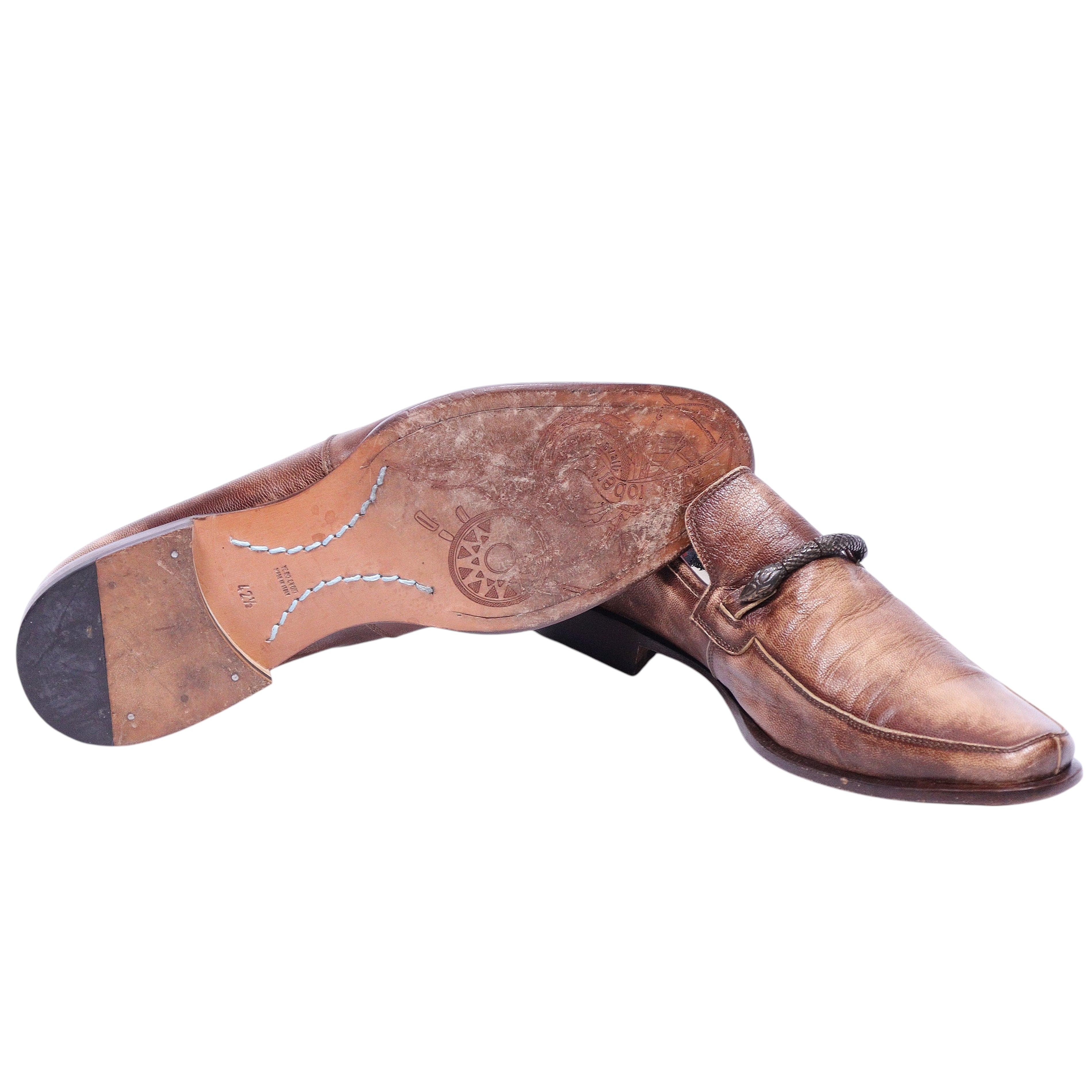 Roberto Cavalli brown leather loafers with metal snake ornament
