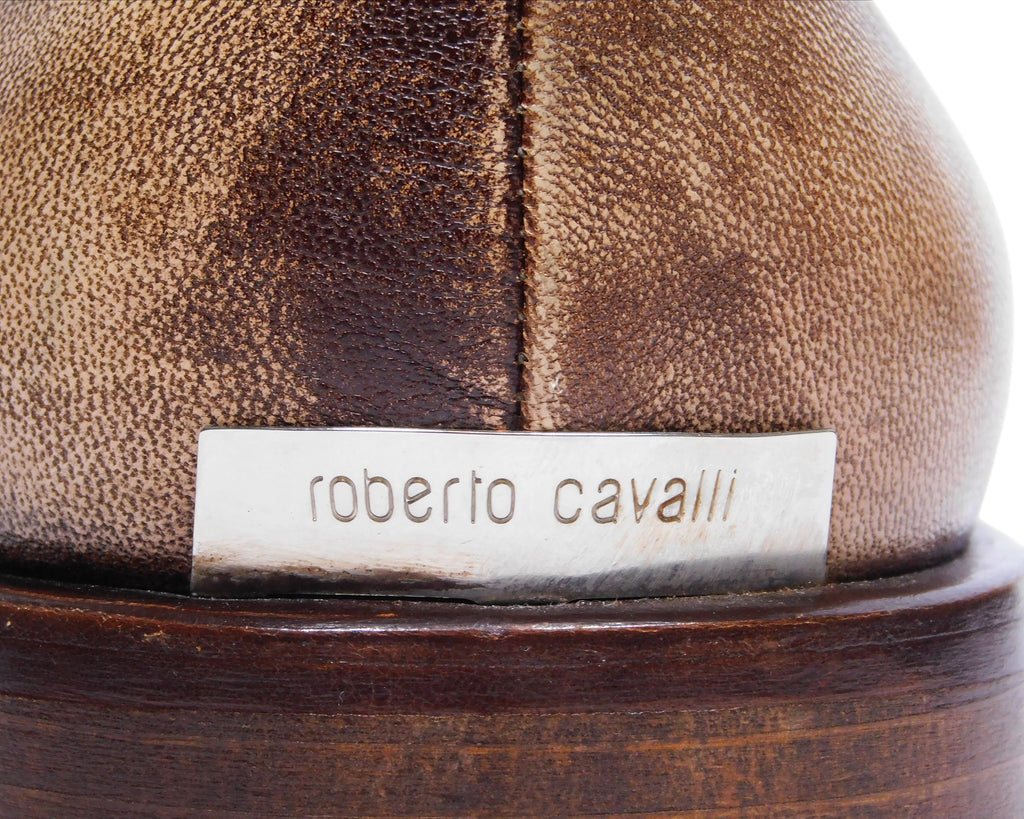 Roberto Cavalli brown leather loafers with metal snake ornament