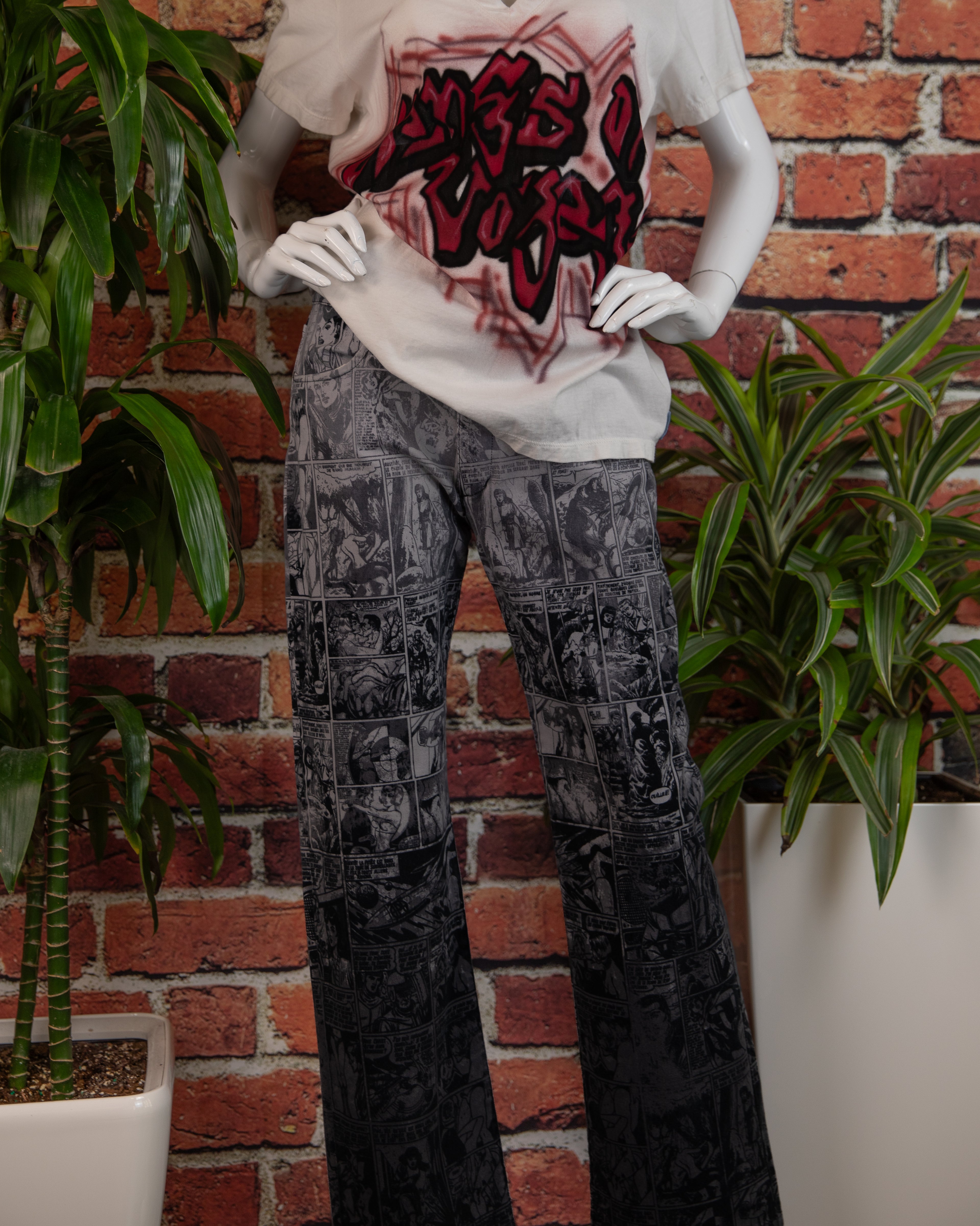 Jean Paul Gautier 90s Graphic cartoon comics print safe sex forever pants
