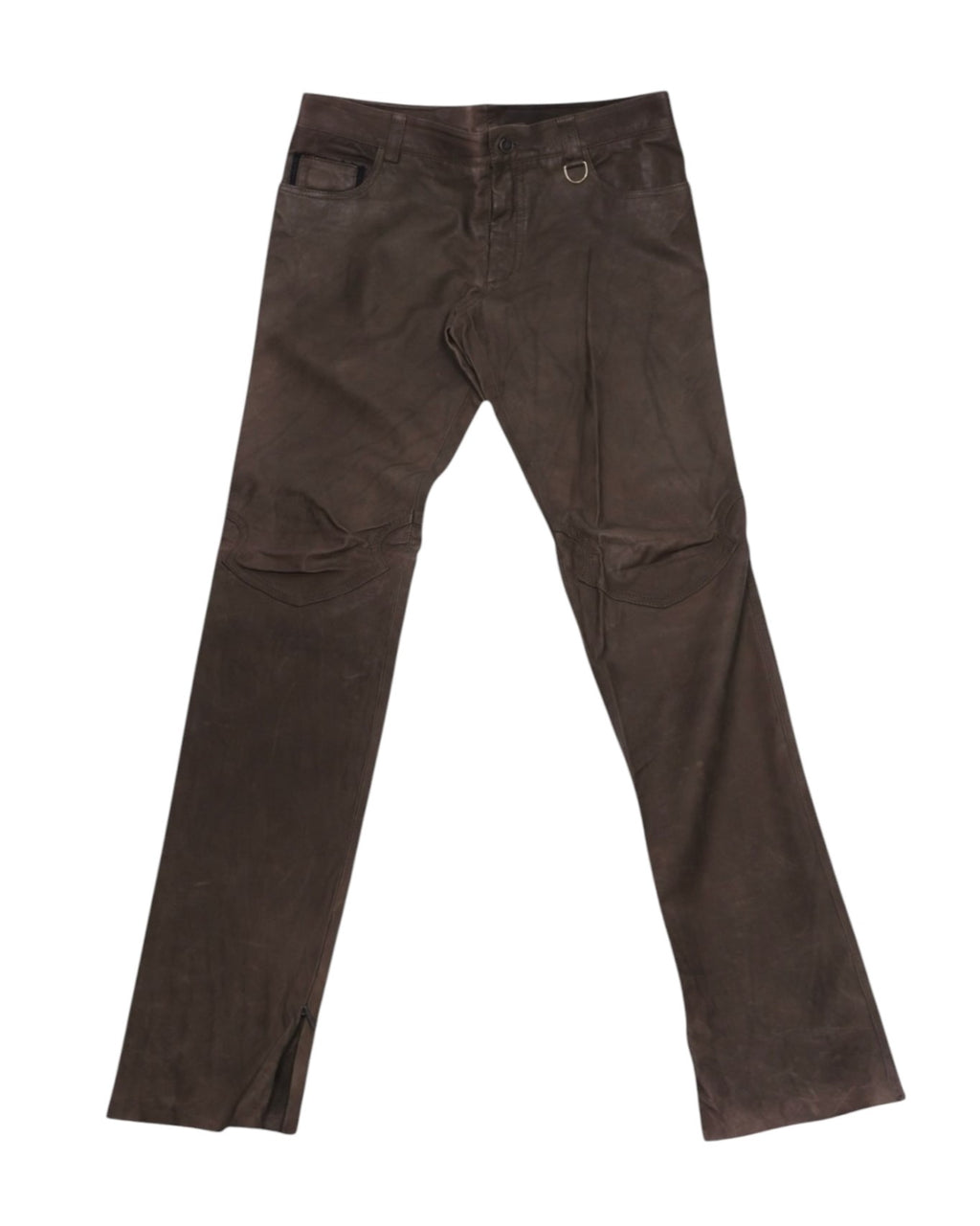 Dark brown leather trousers with a slim straight leg, five-pocket styling and belt loops, articulated knee panels, a small D-ring at the waist and ankle zips. High-end designer pair, second-hand and rare.